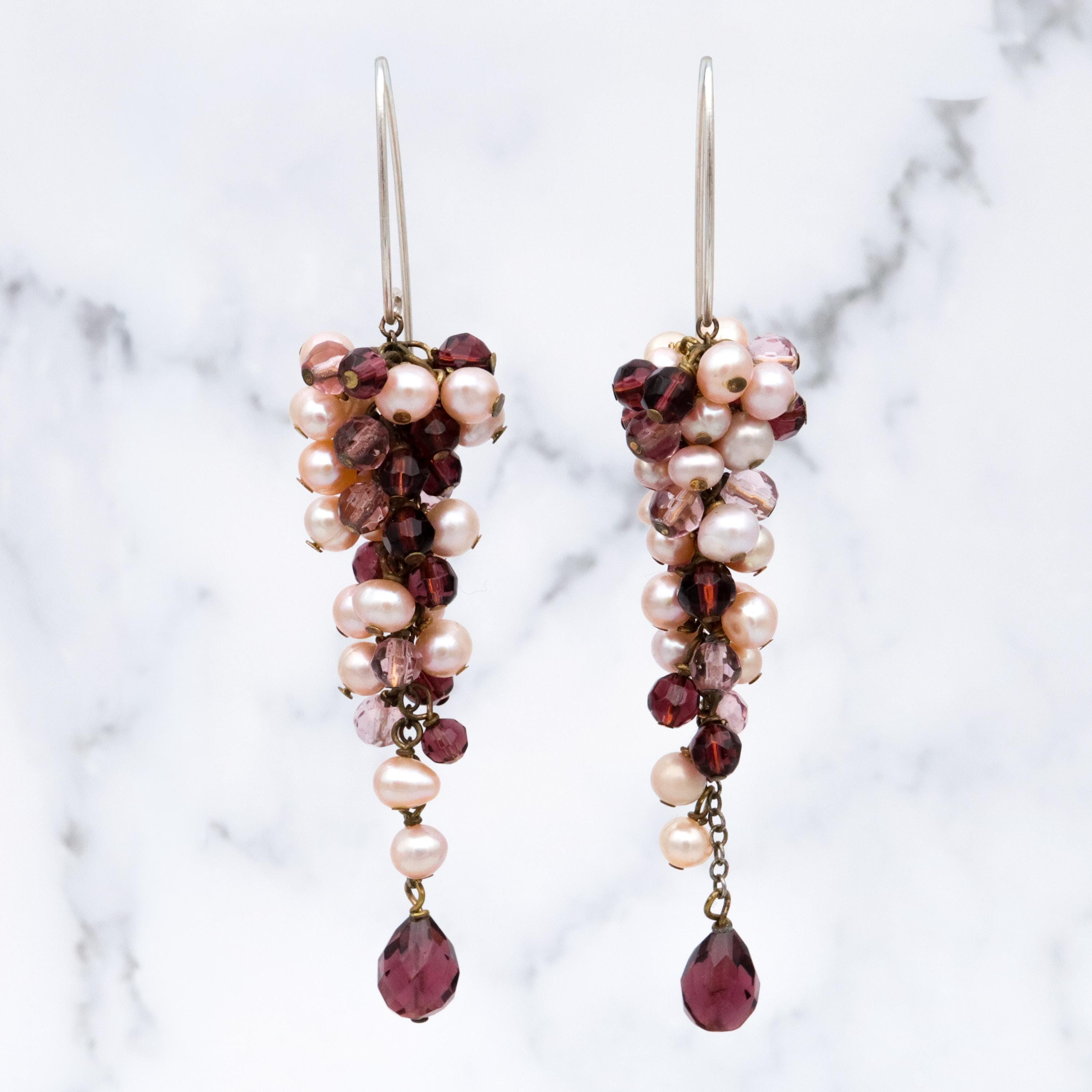 Vintage champagne pearl & amethyst glass beaded grape cluster drop earrings