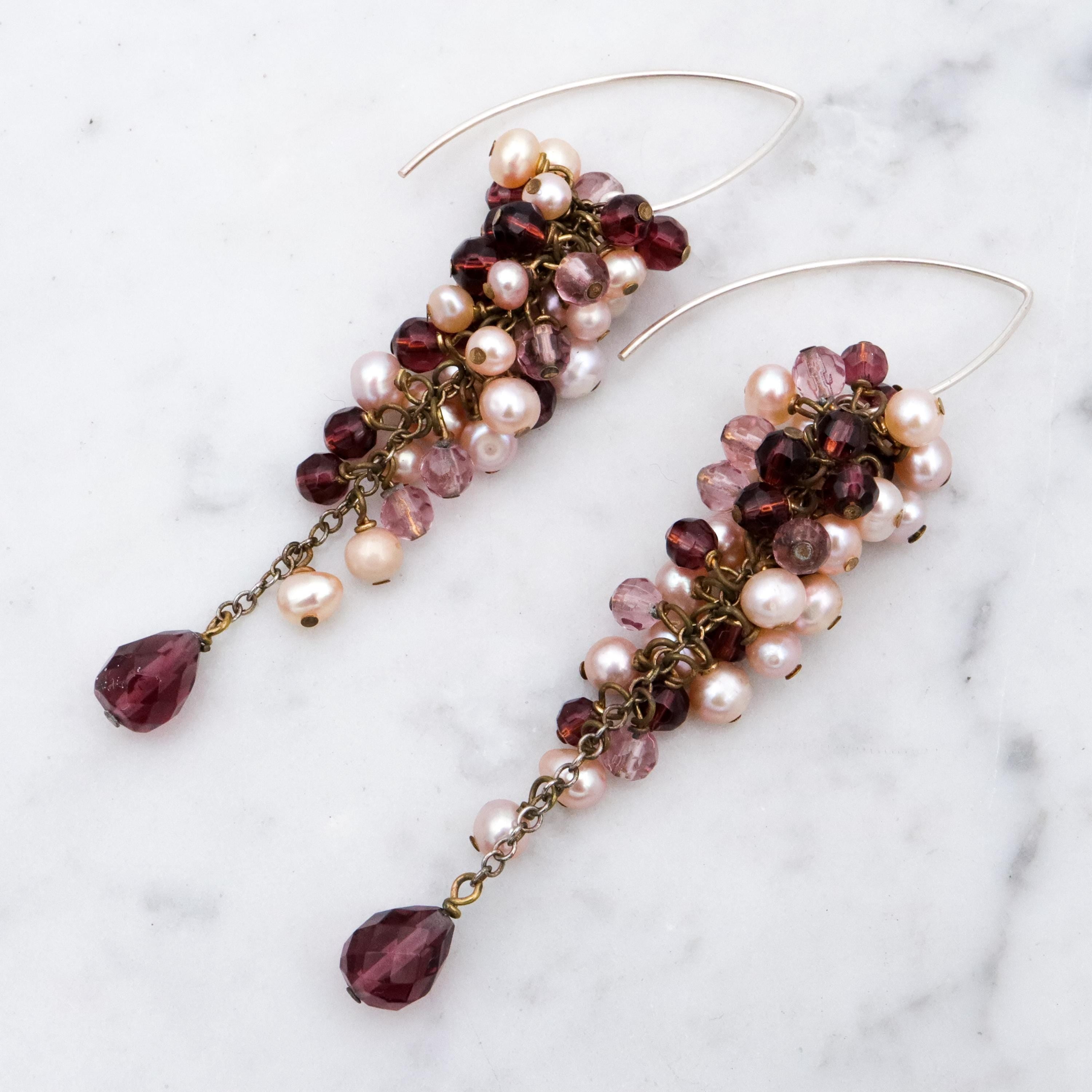 Vintage champagne pearl & amethyst glass beaded grape cluster drop earrings