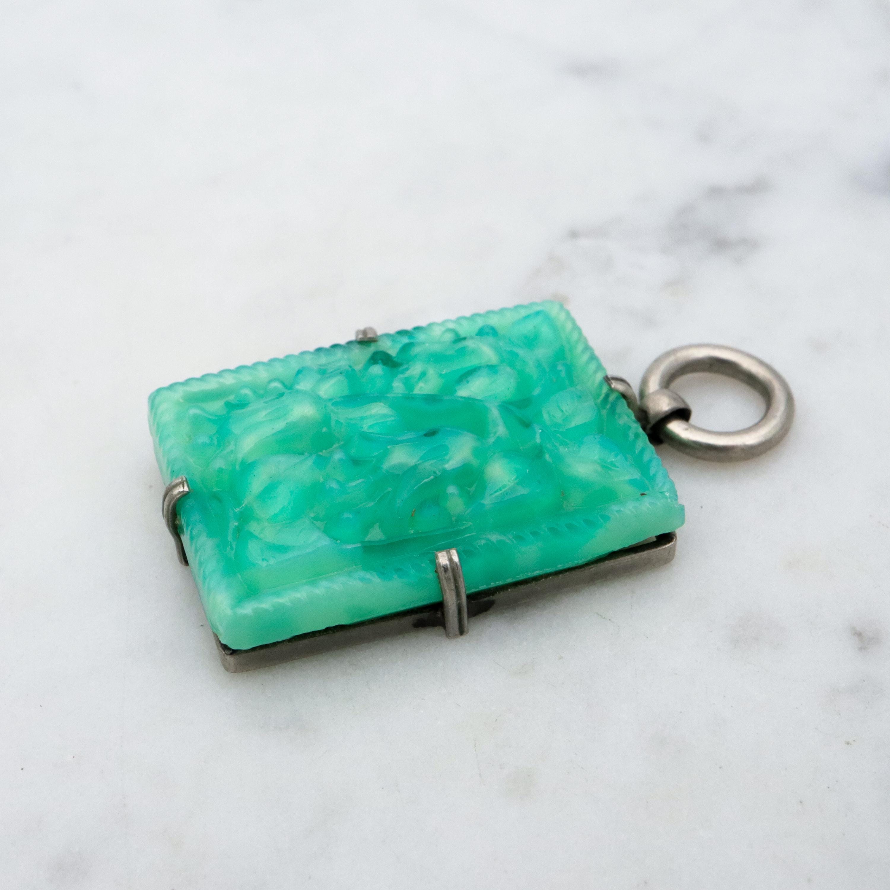 Antique Art Deco green peking glass floral tile pendant