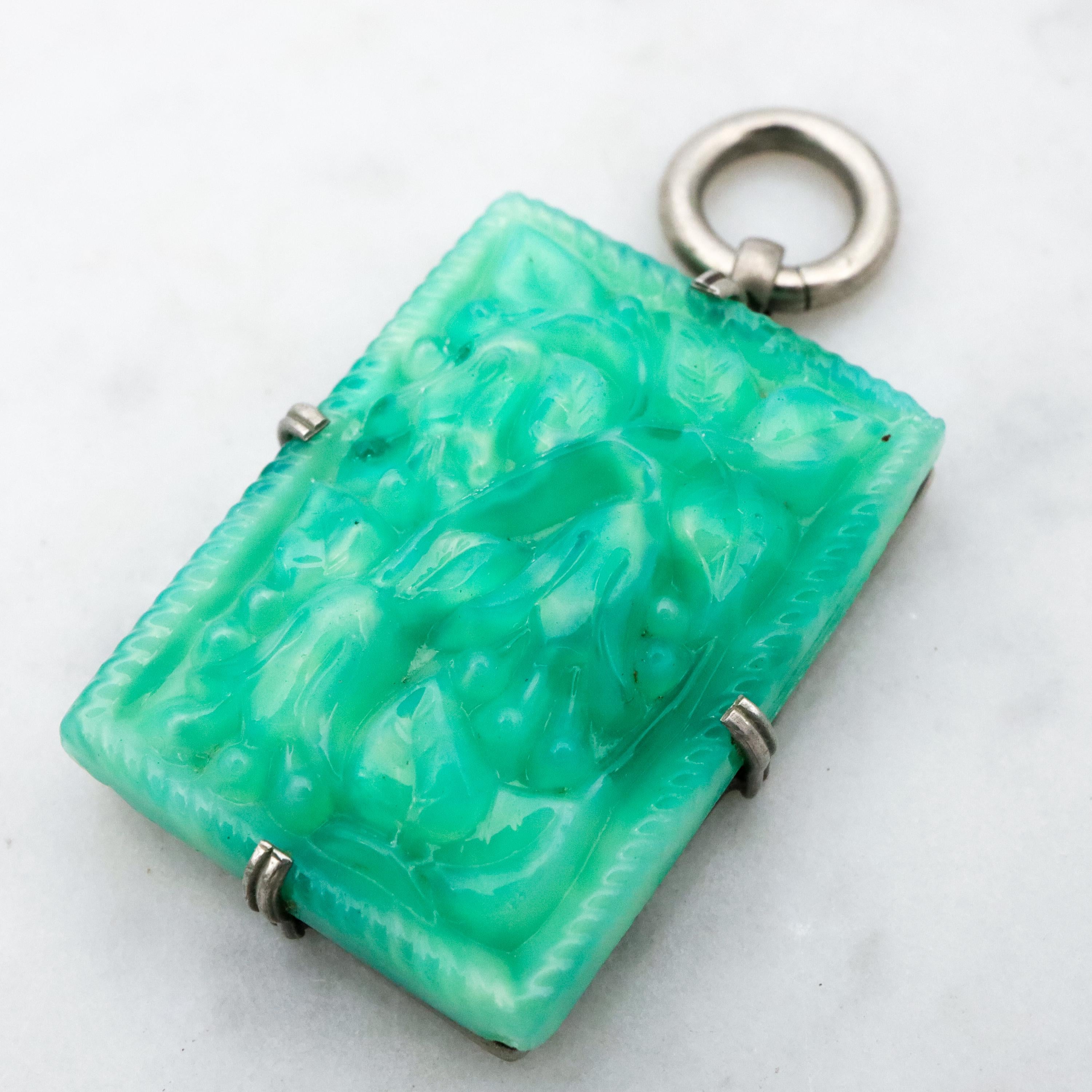 Antique Art Deco green peking glass floral tile pendant