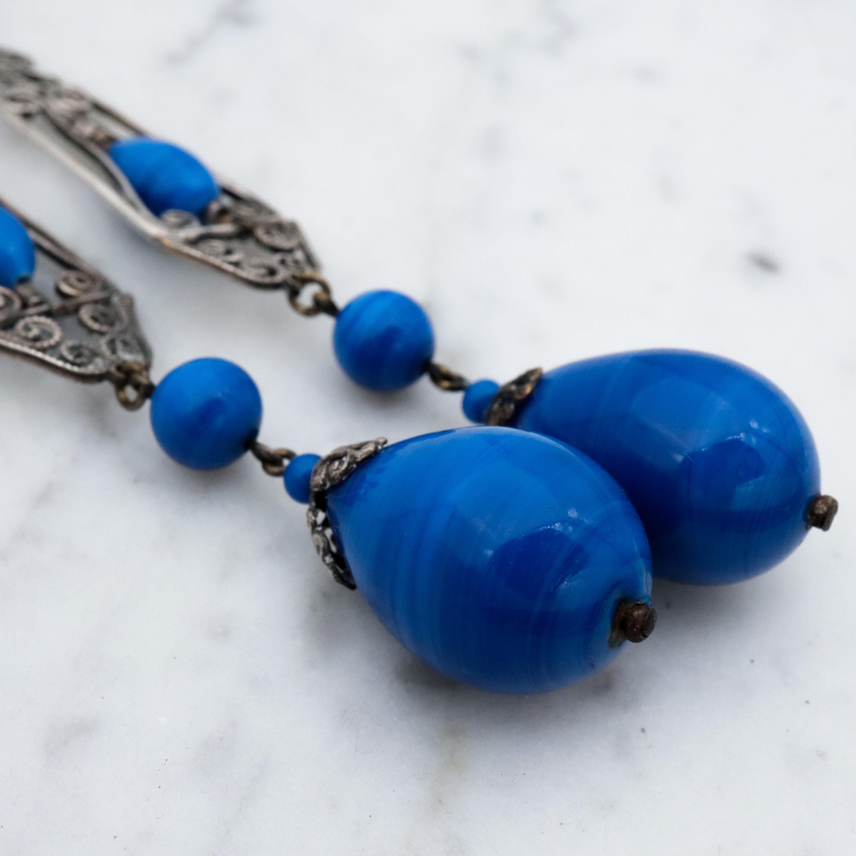 Antique Art Deco German silver filigree lapis art glass drop earrings