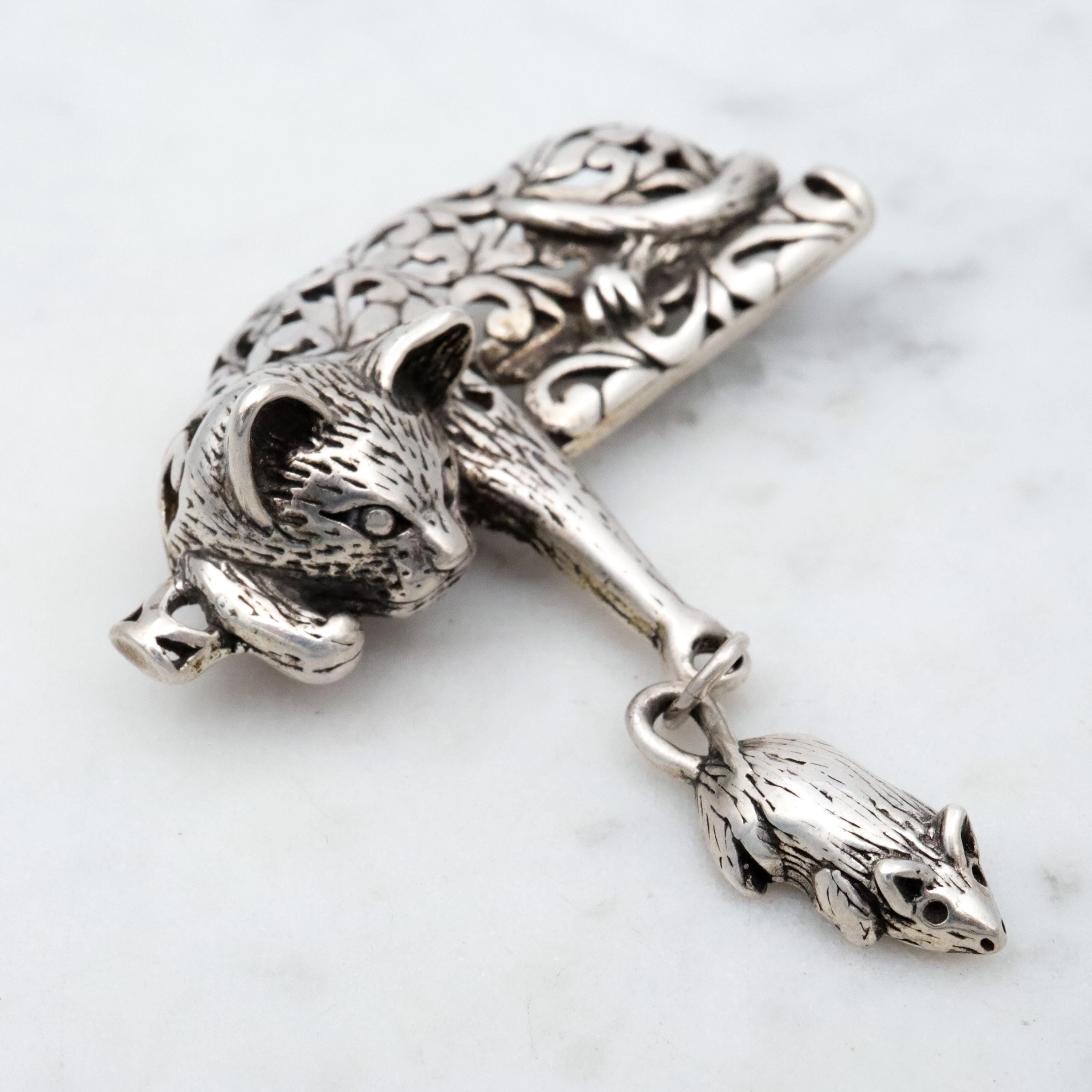 Vintage Jezlaine sterling filigree cat & mouse brooch