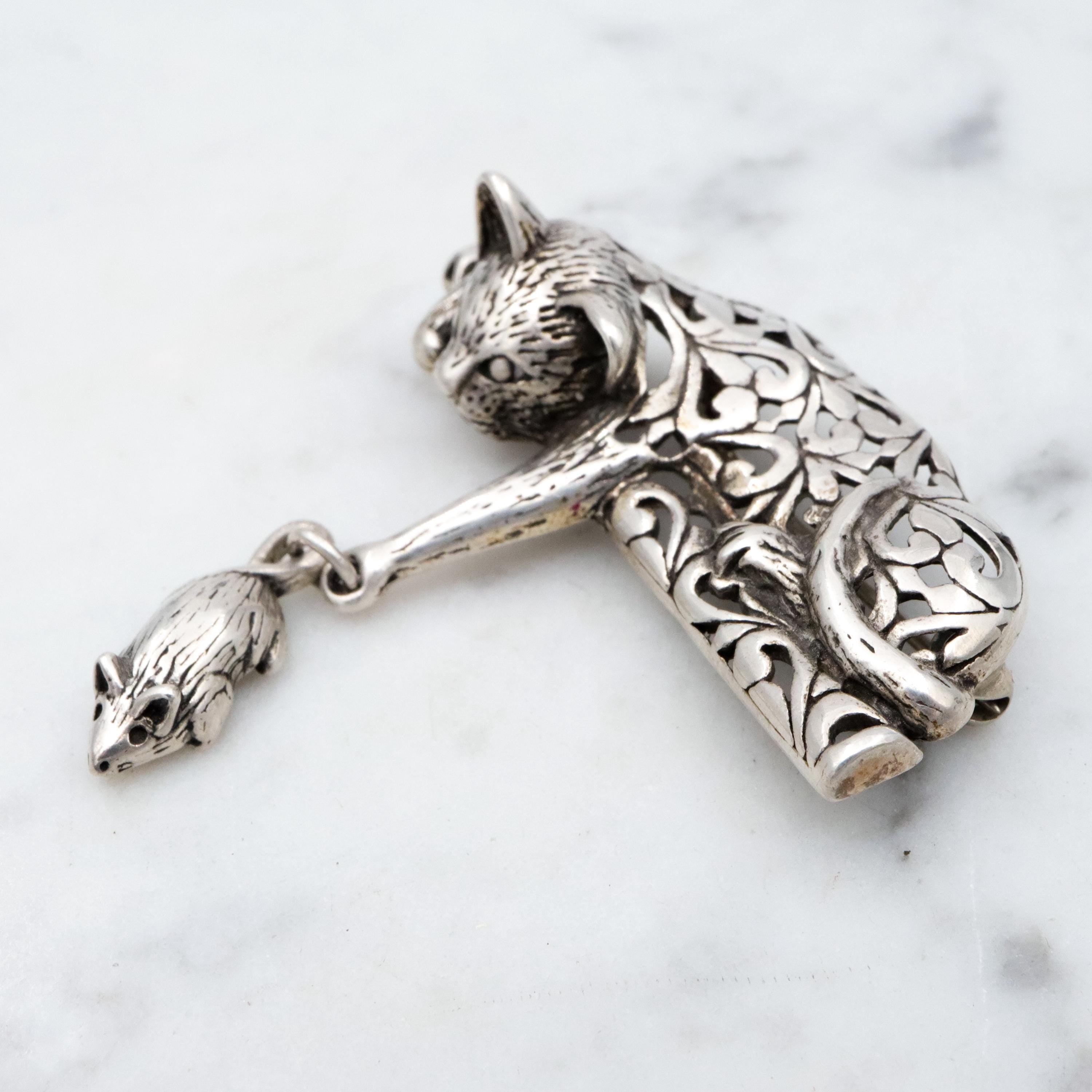 Vintage Jezlaine sterling filigree cat & mouse brooch