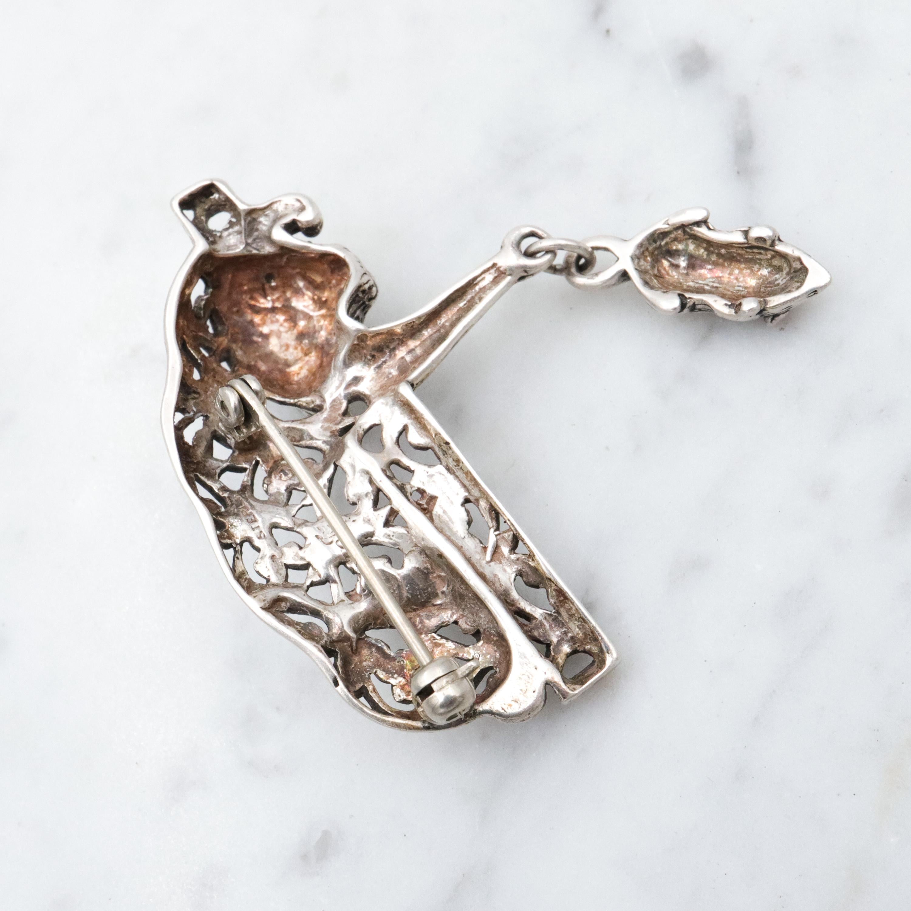 Vintage Jezlaine sterling filigree cat & mouse brooch