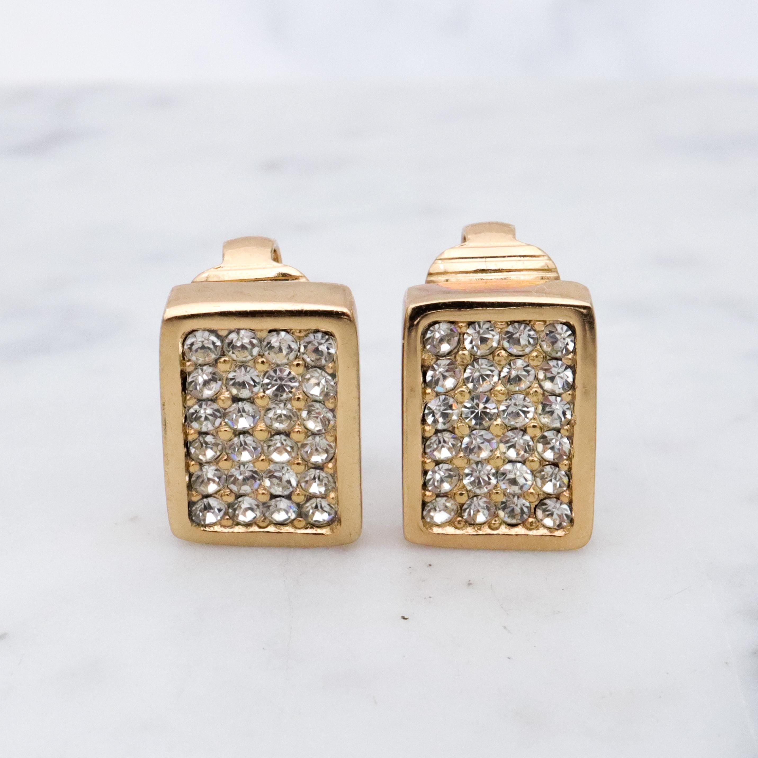 Retro Christian Dior gold plated pave rhinestone block clip earrings