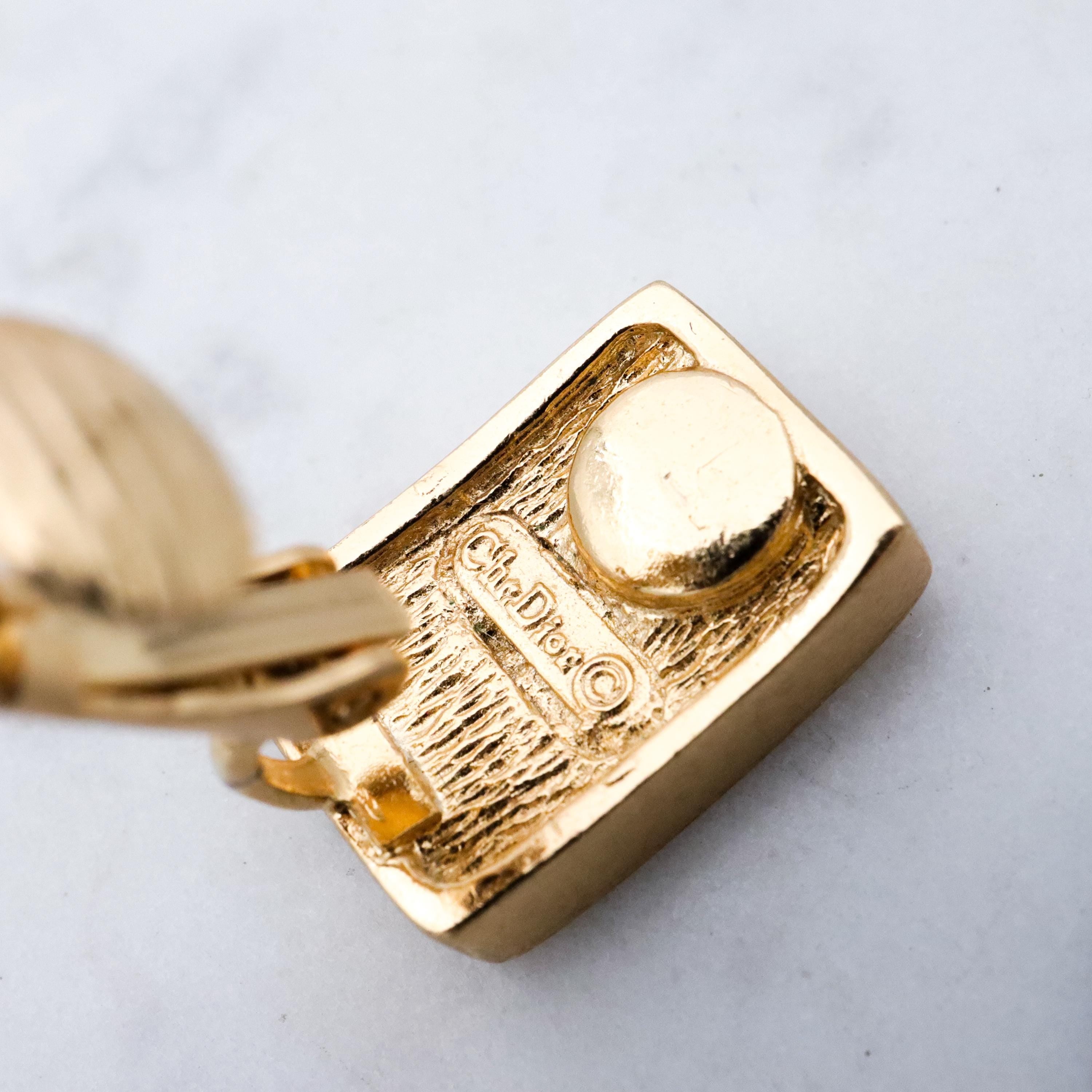 Retro Christian Dior gold plated pave rhinestone block clip earrings