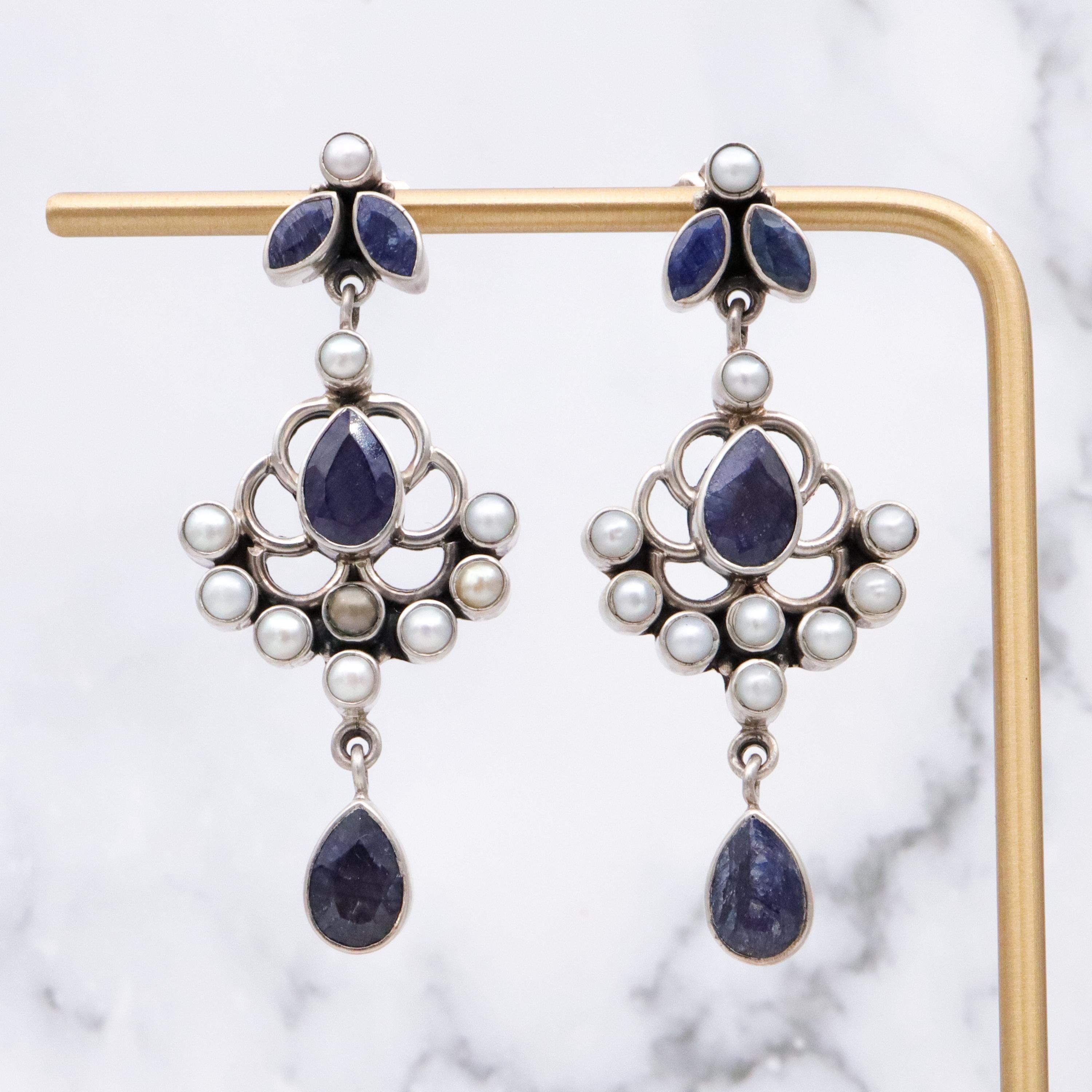Vintage sterling raw sapphire & pearl drop chandelier earrings