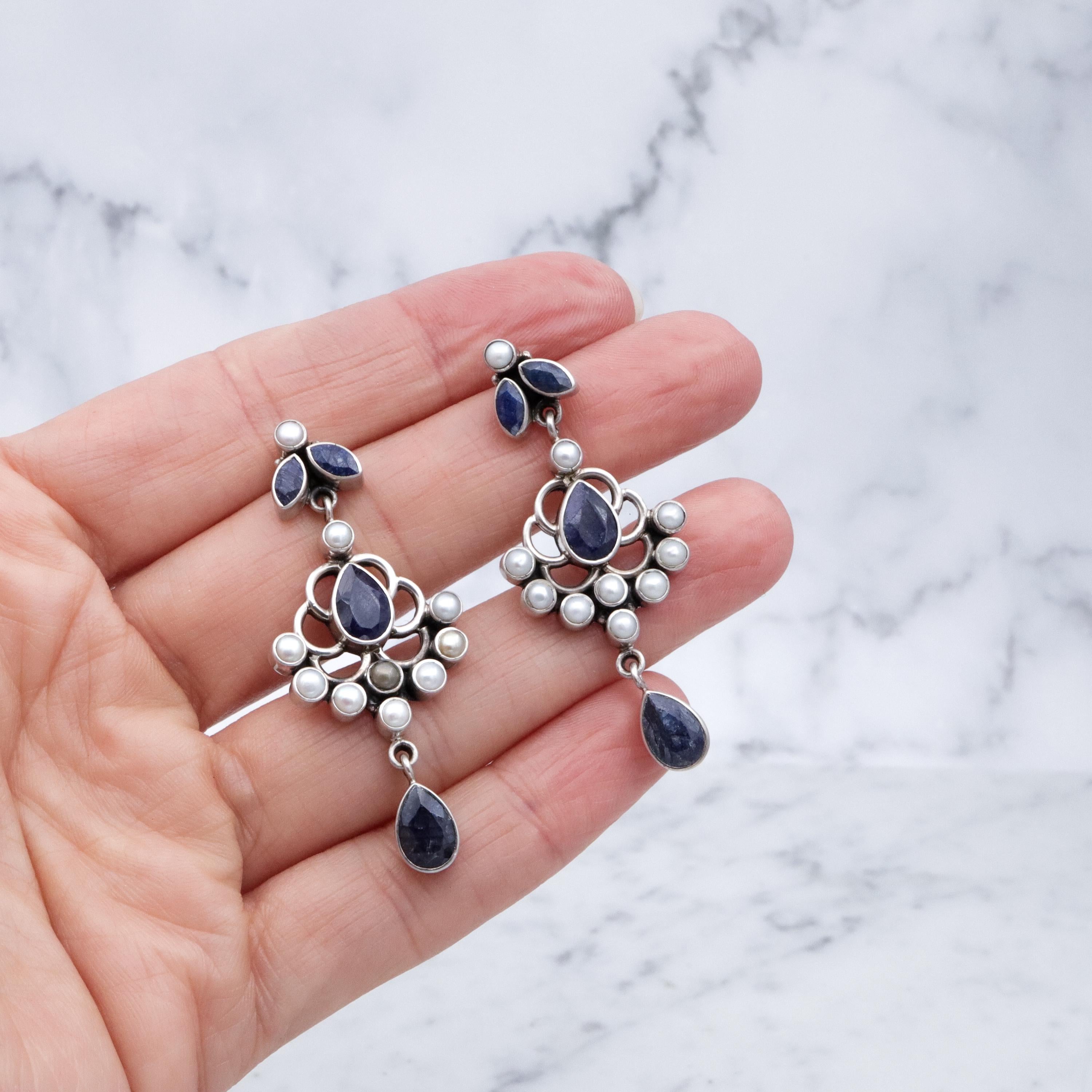 Vintage sterling raw sapphire & pearl drop chandelier earrings