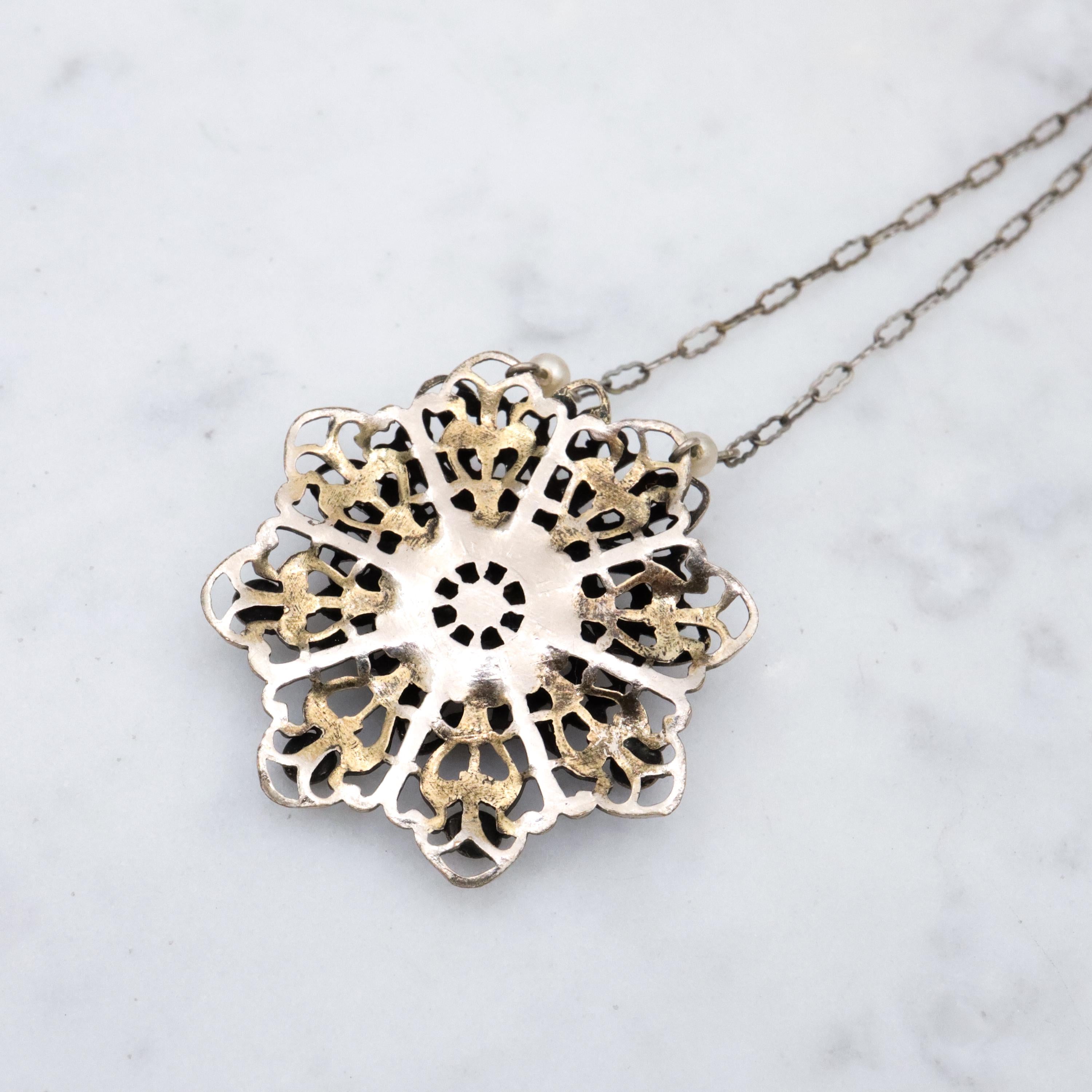 1950s silver tone filigree sapphire crystal & faux pearl flower pendant necklace
