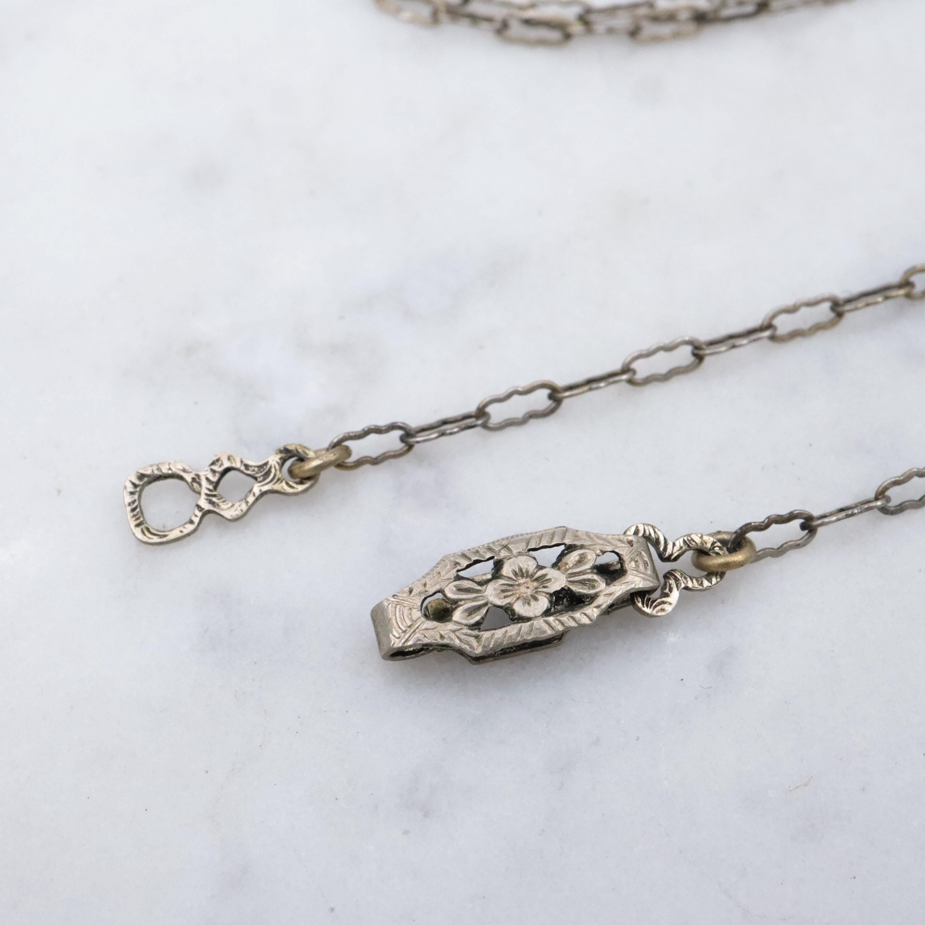 1950s silver tone filigree sapphire crystal & faux pearl flower pendant necklace