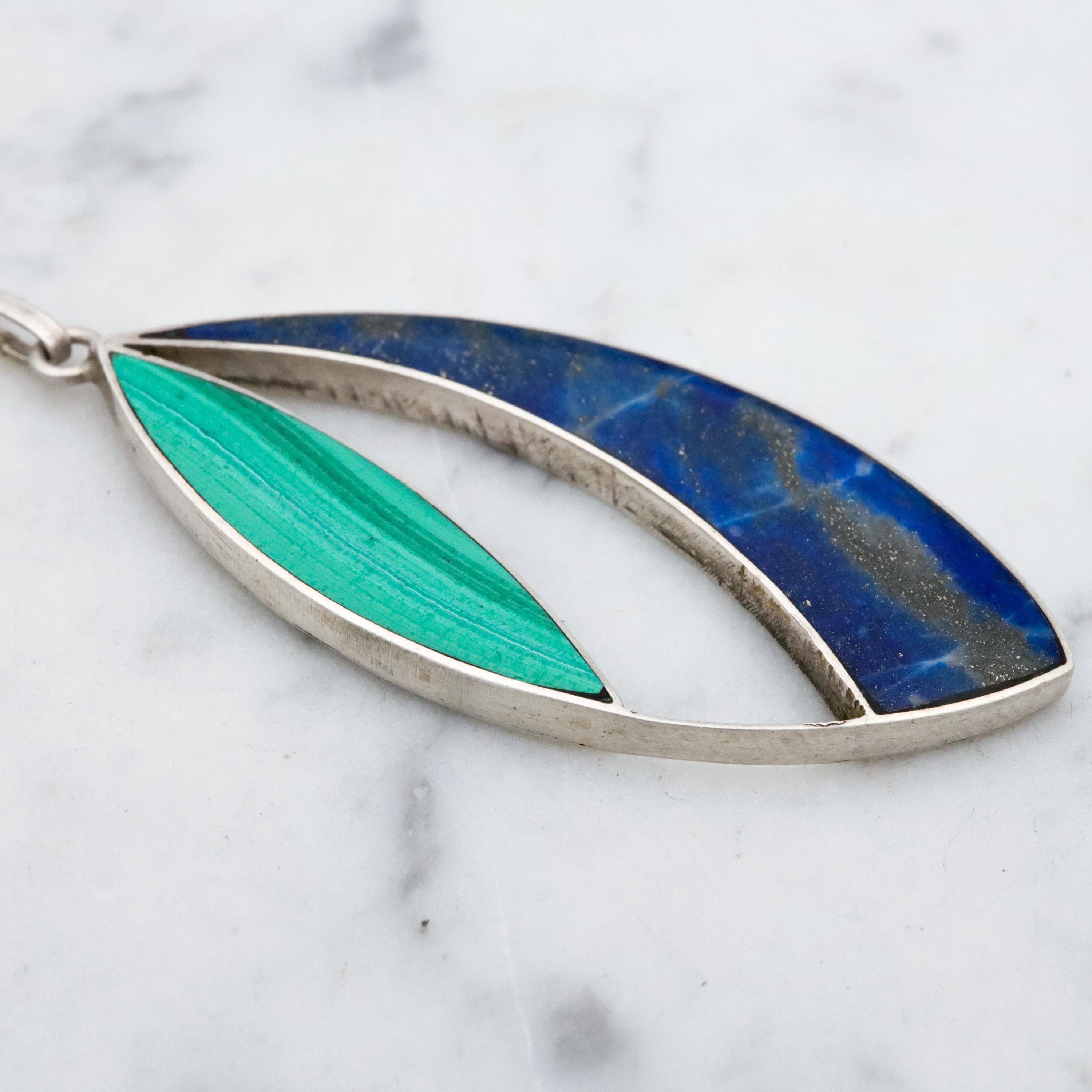 Mexican Modern lapis & malachite inlay open sterling pendant