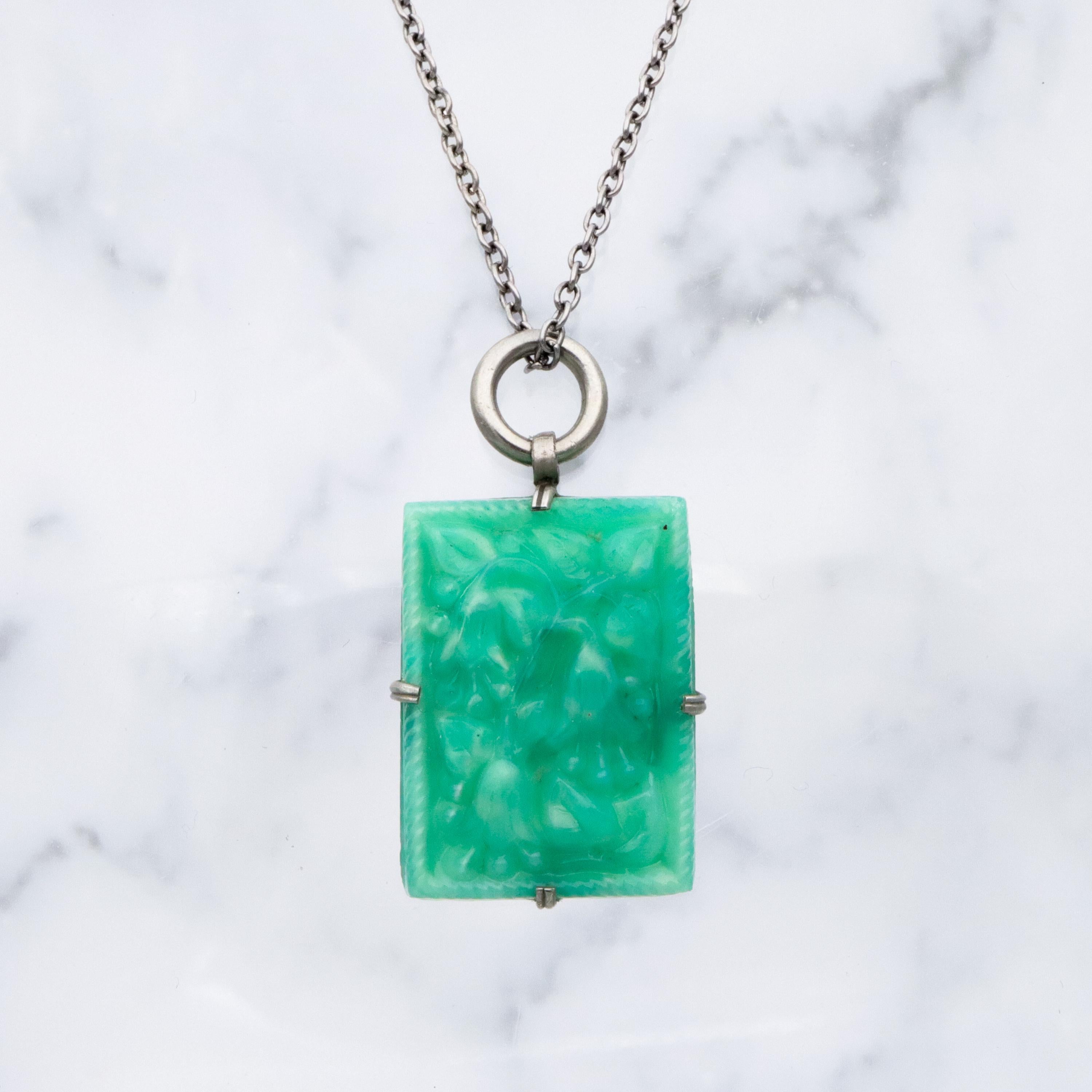 Antique Art Deco green peking glass floral tile pendant
