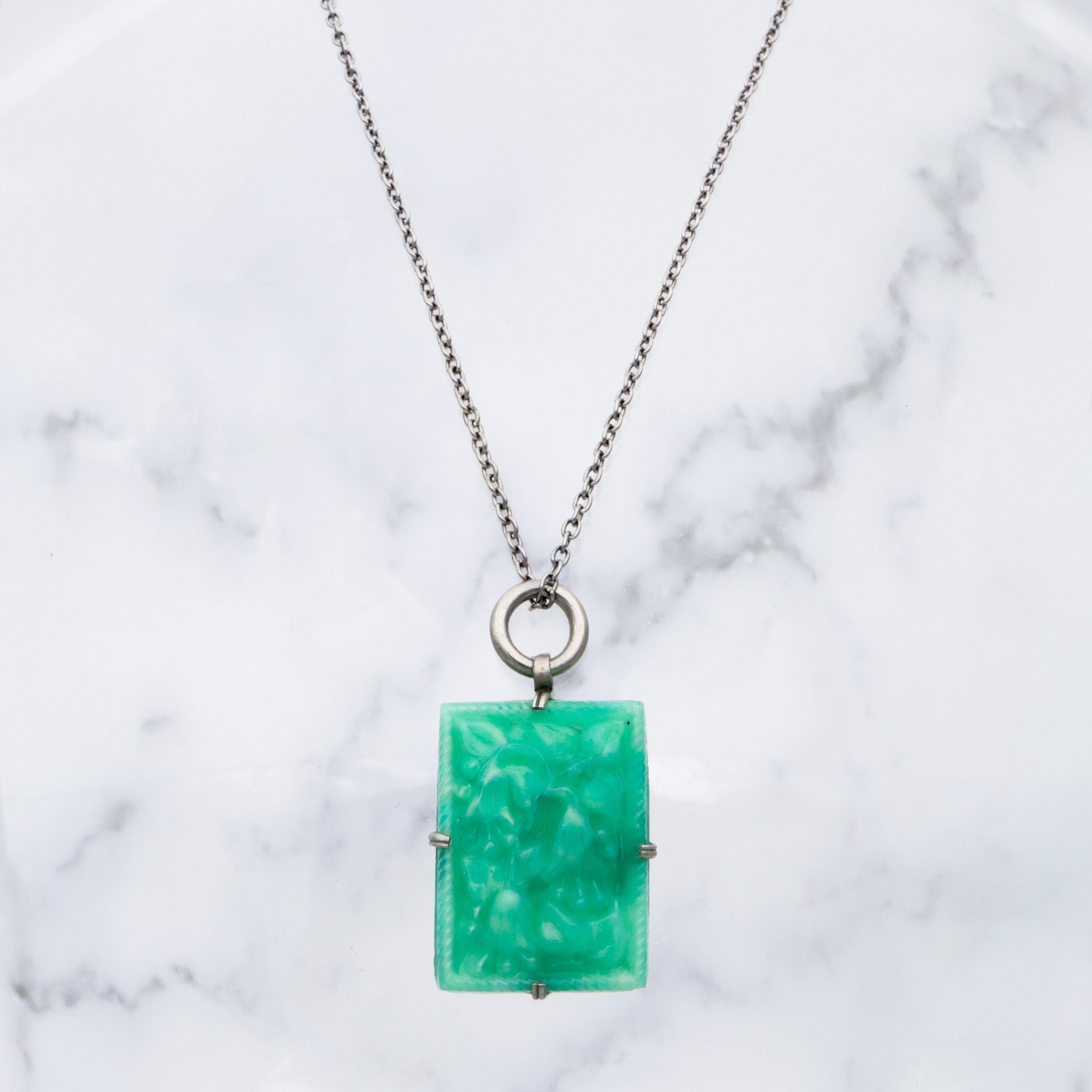 Antique Art Deco green peking glass floral tile pendant