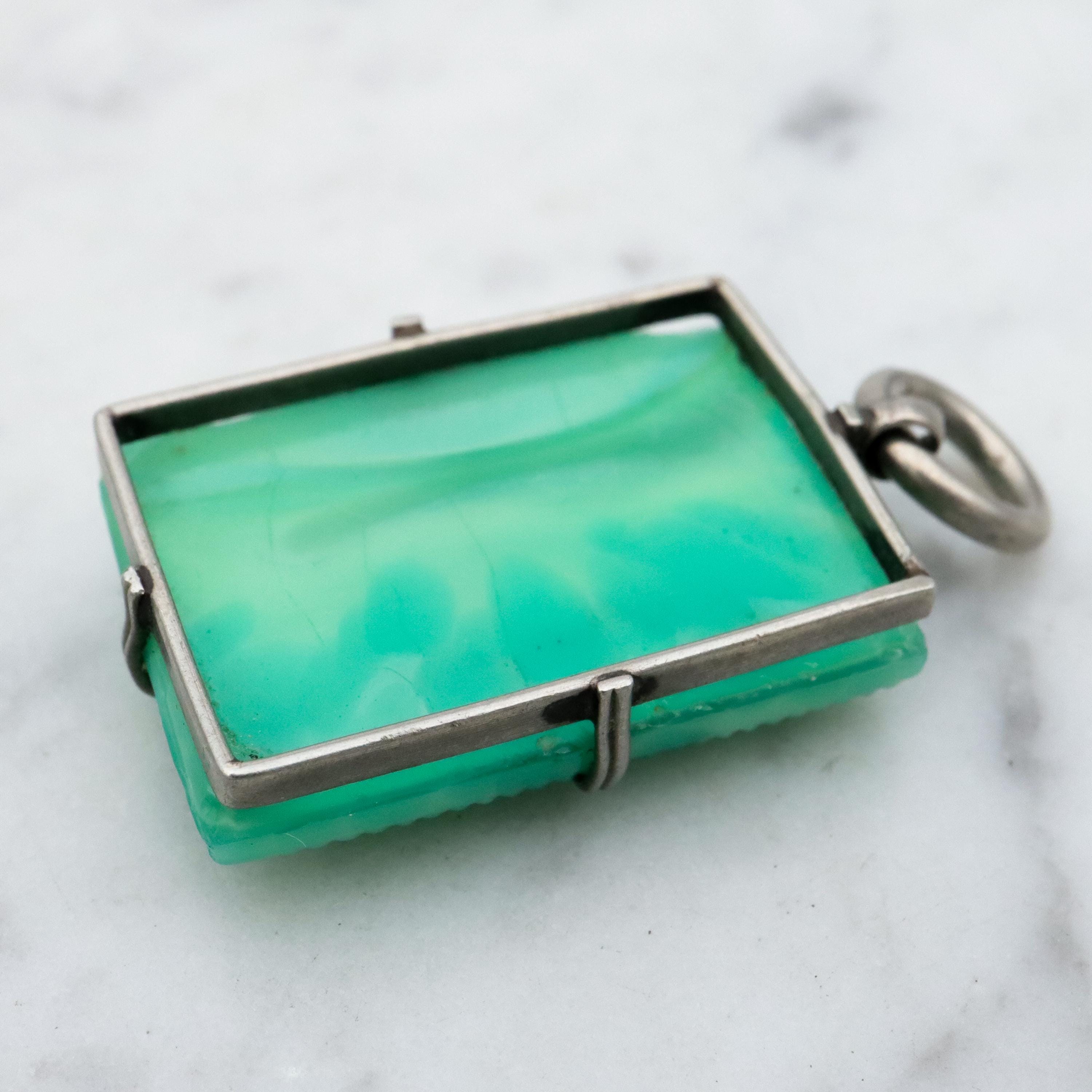 Antique Art Deco green peking glass floral tile pendant