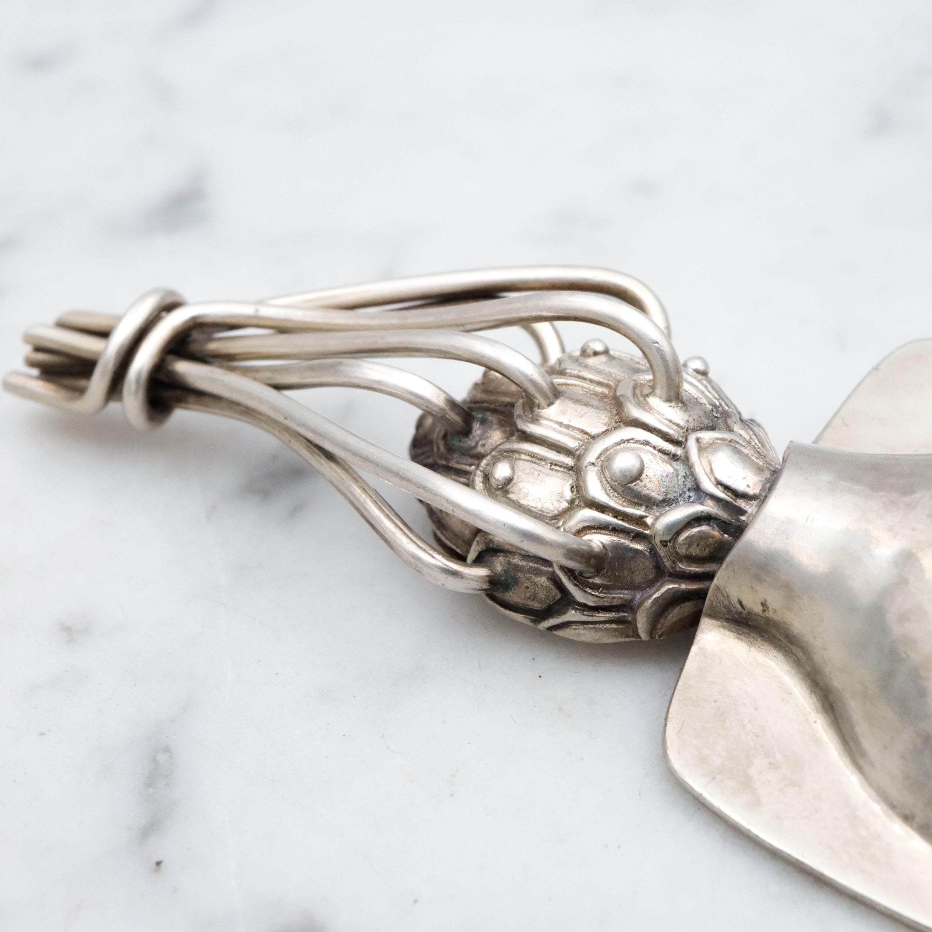 Modernist artist Davidson stylized pine cone earrings & matching vase brooch sterling set
