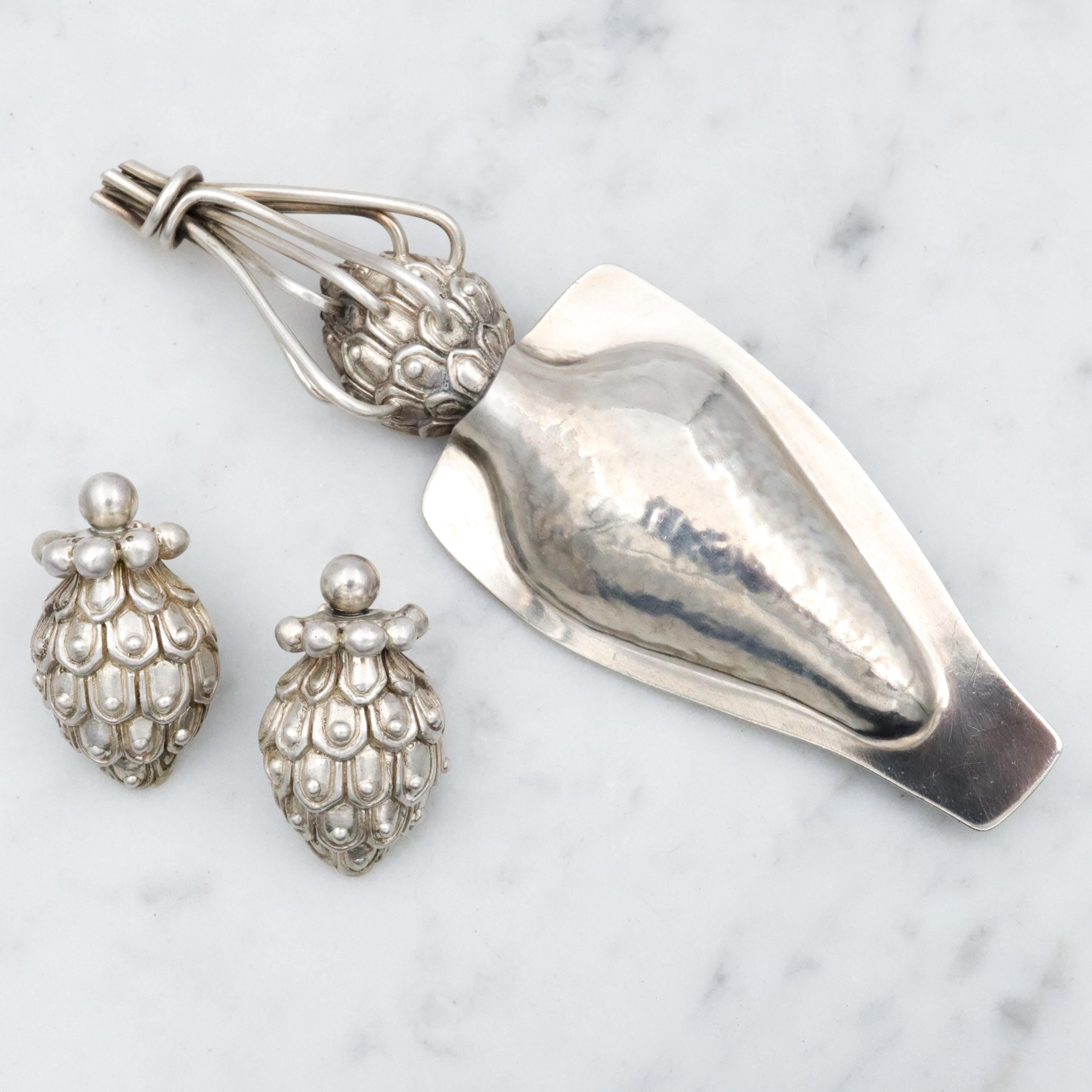 Modernist artist Davidson stylized pine cone earrings & matching vase brooch sterling set