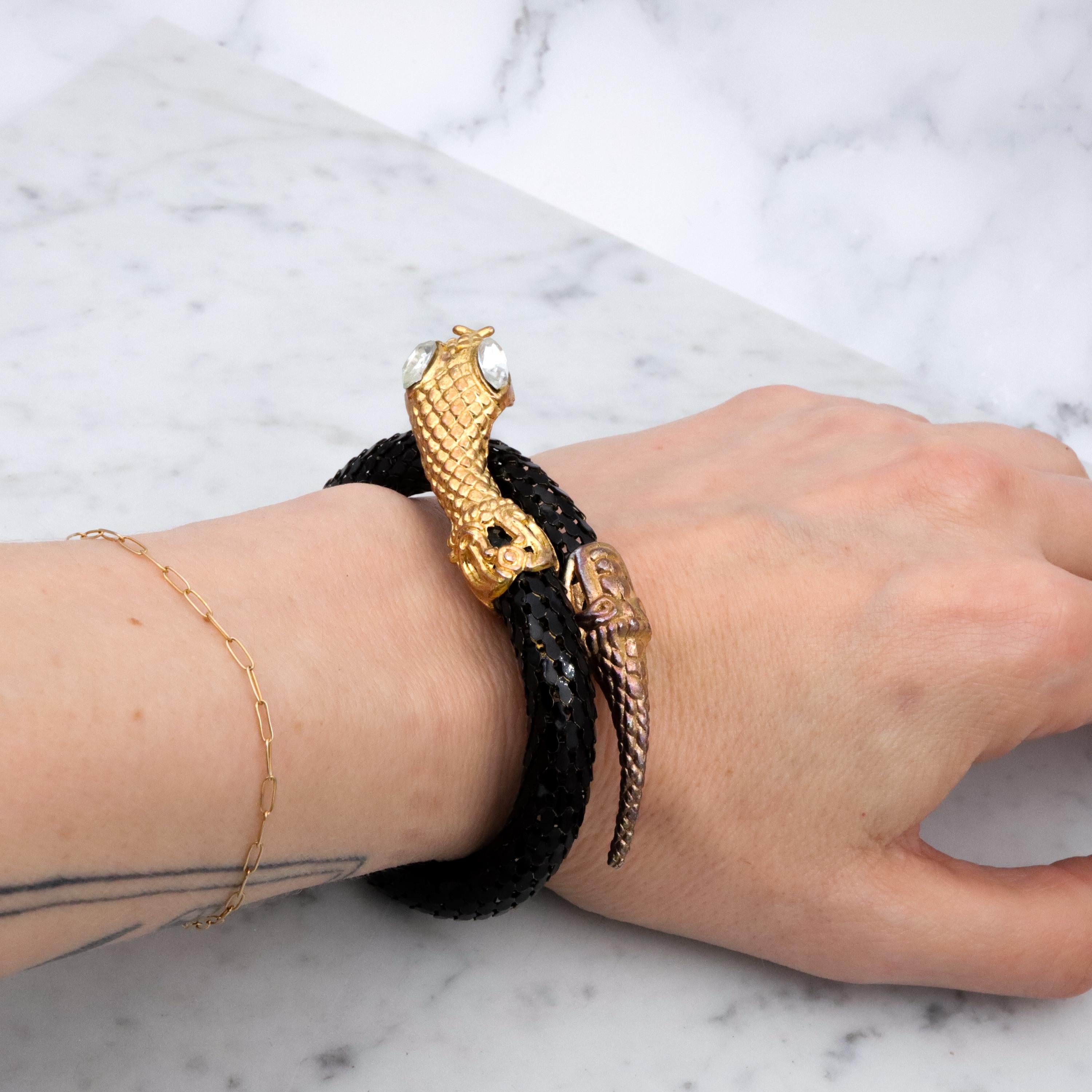 Mid Century black mesh snake wrap bracelet with diamond crystal eyes