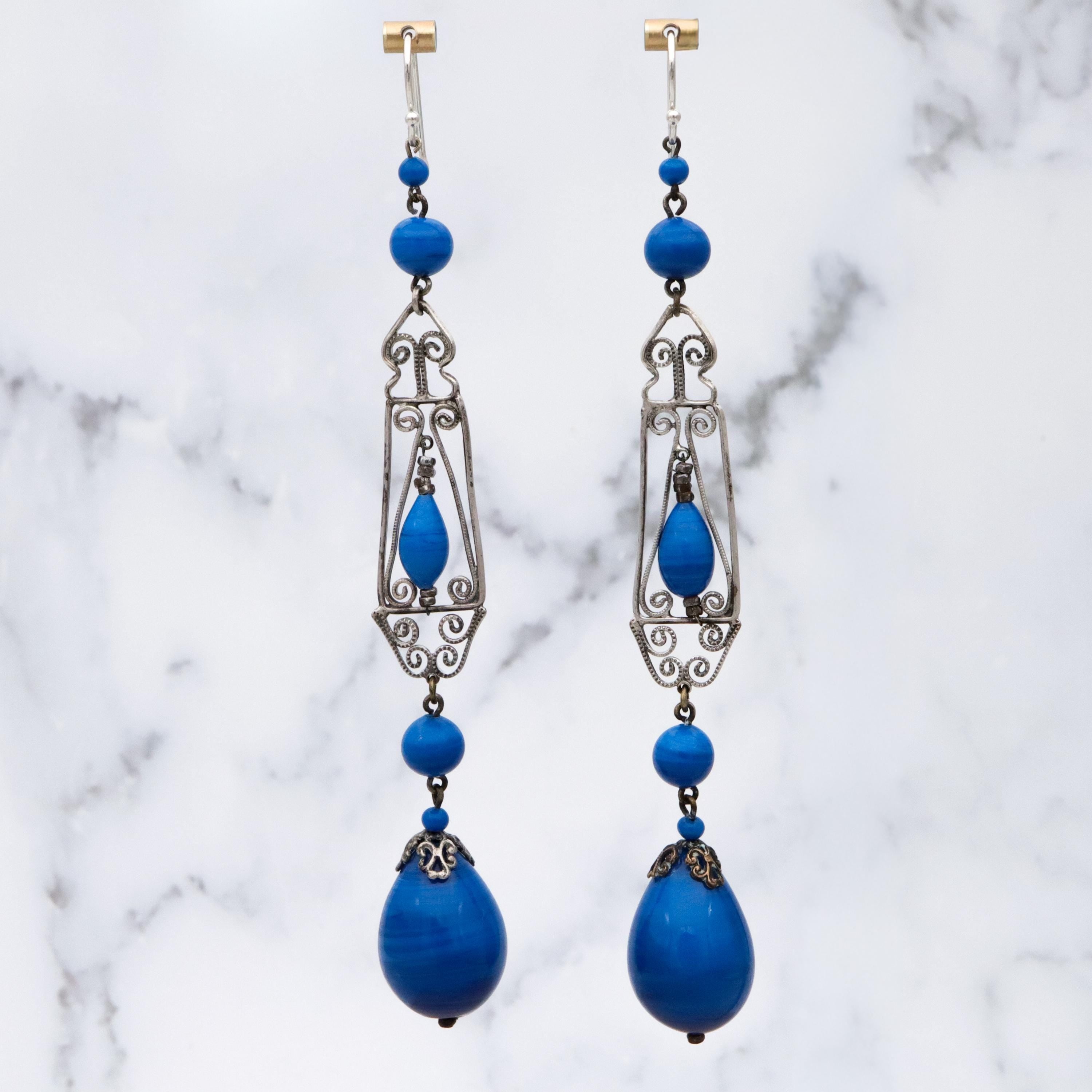 Antique Art Deco German silver filigree lapis art glass drop earrings