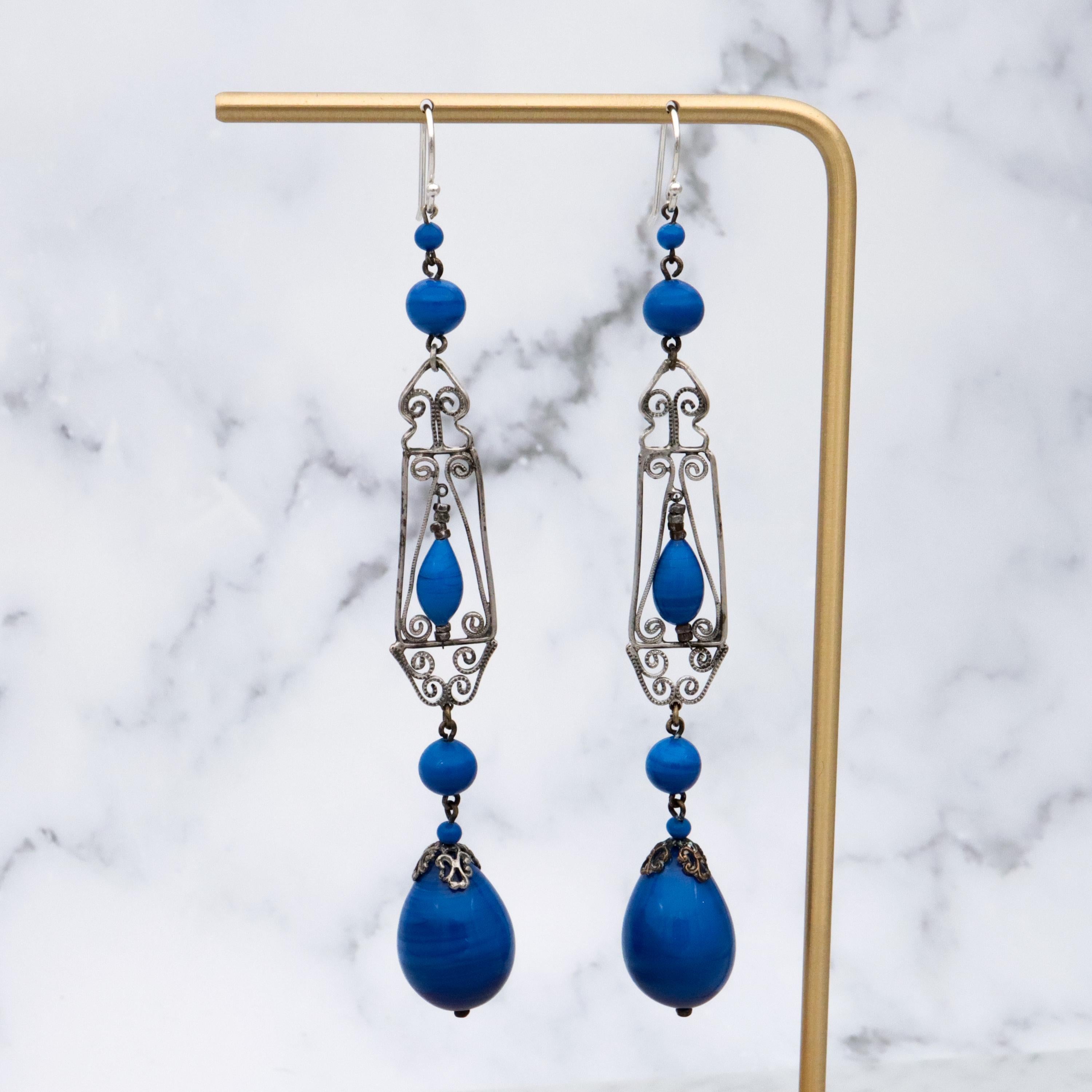 Antique Art Deco German silver filigree lapis art glass drop earrings