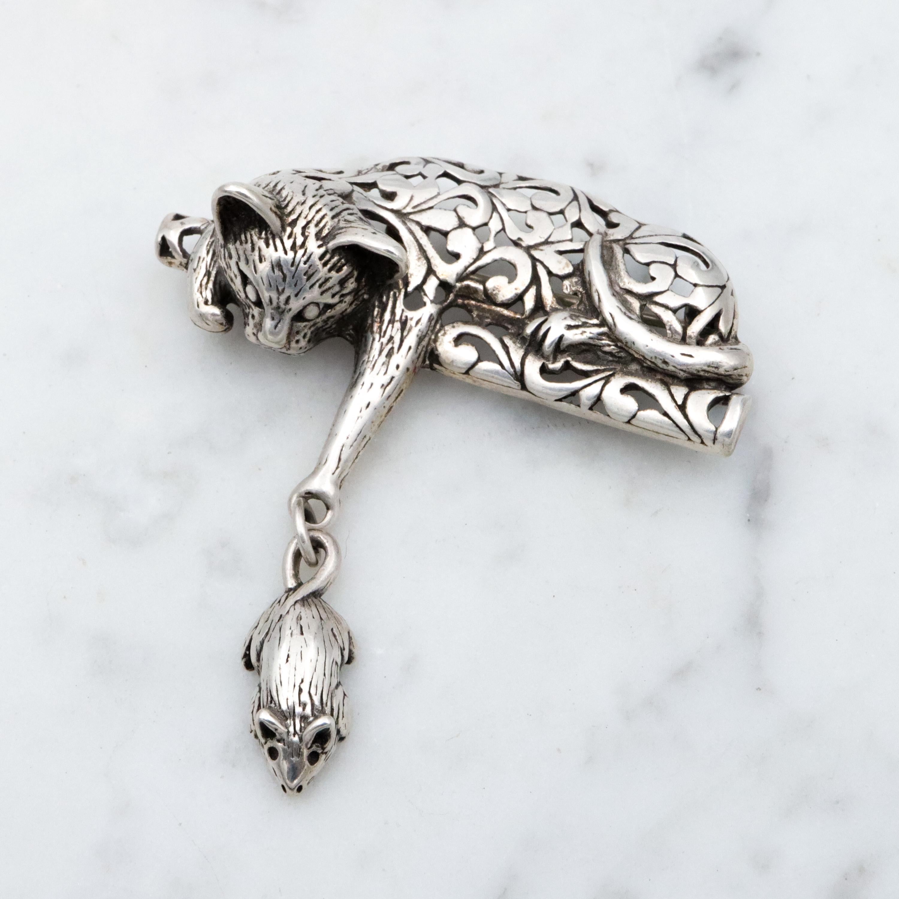 Vintage Jezlaine sterling filigree cat & mouse brooch