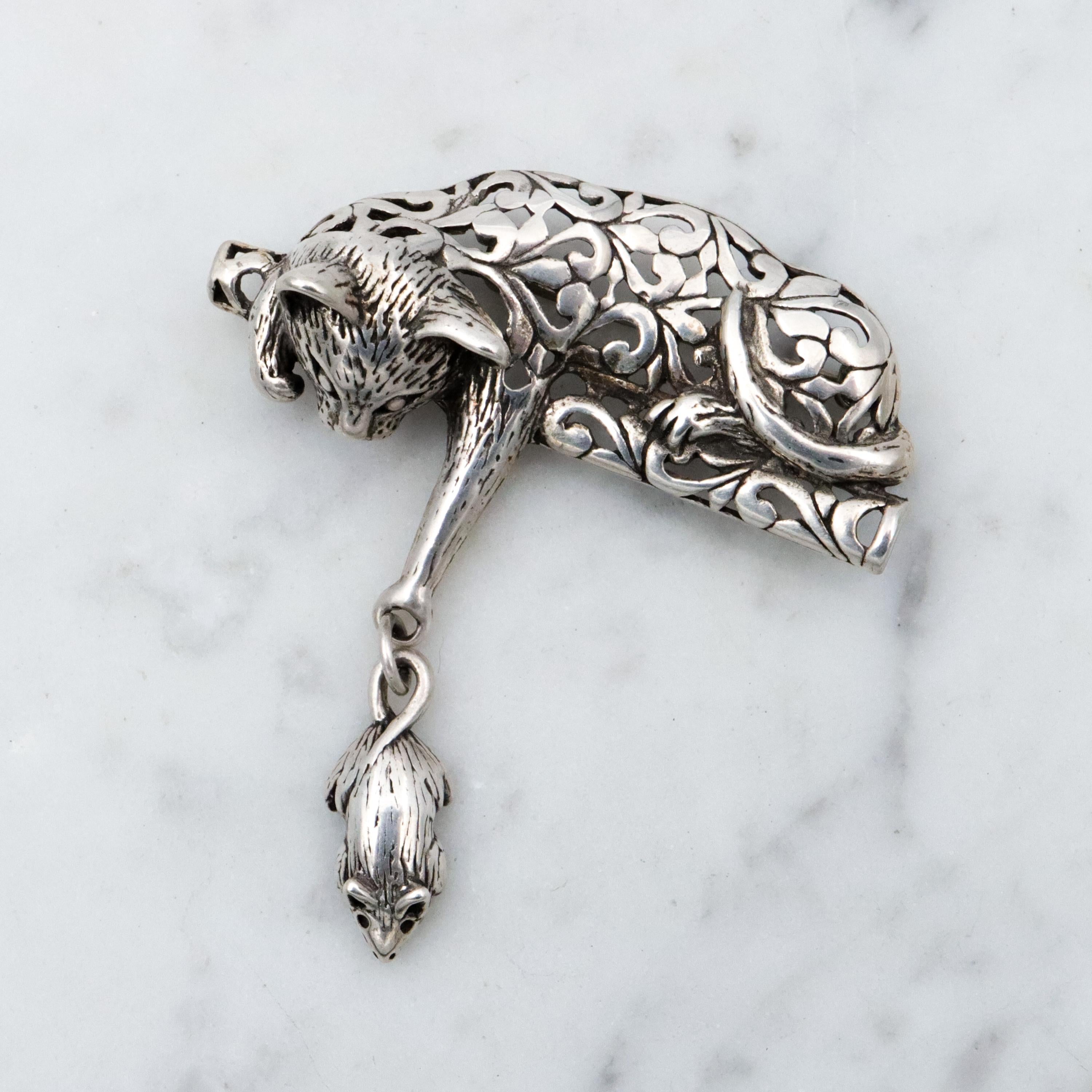 Vintage Jezlaine sterling filigree cat & mouse brooch