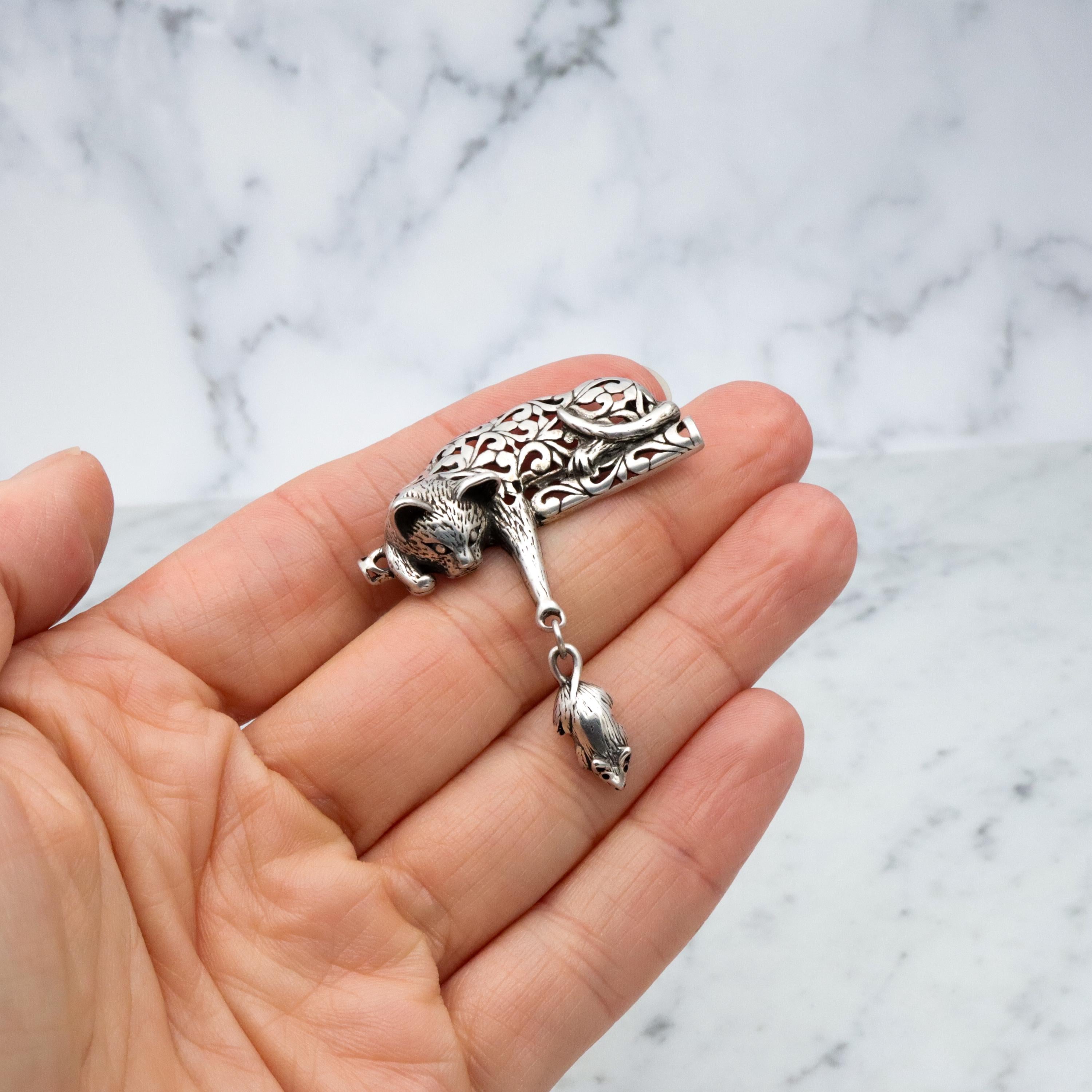 Vintage Jezlaine sterling filigree cat & mouse brooch