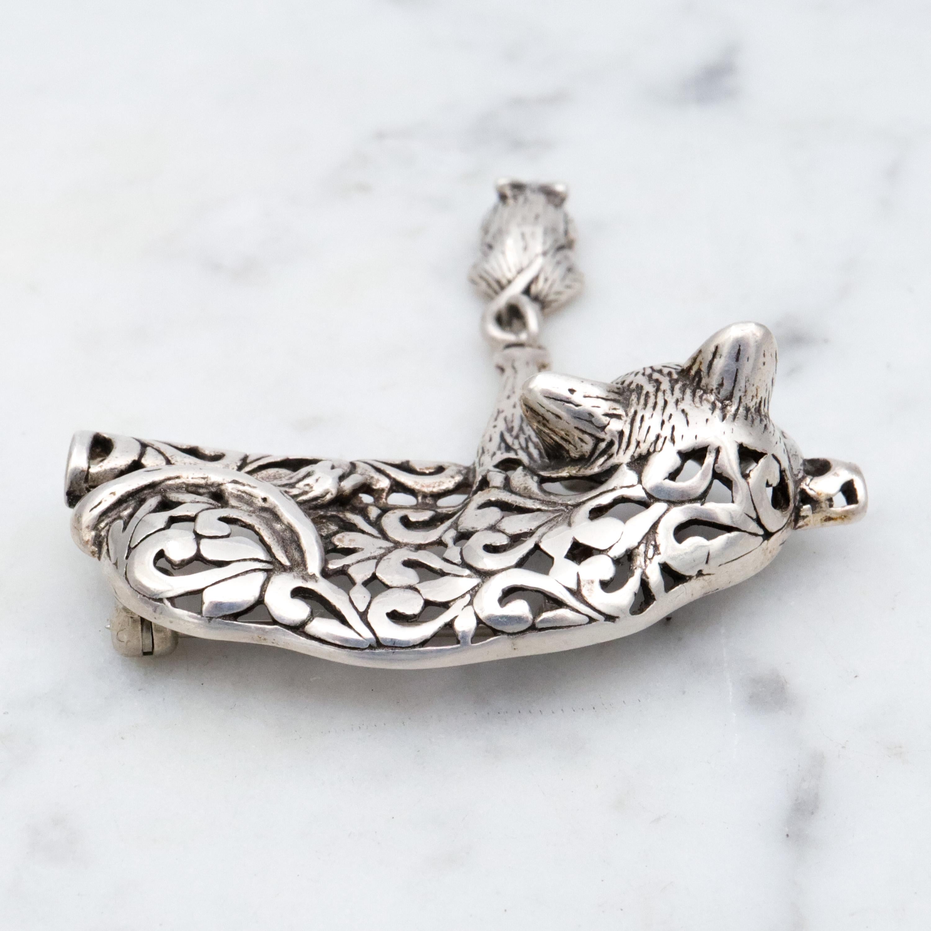 Vintage Jezlaine sterling filigree cat & mouse brooch