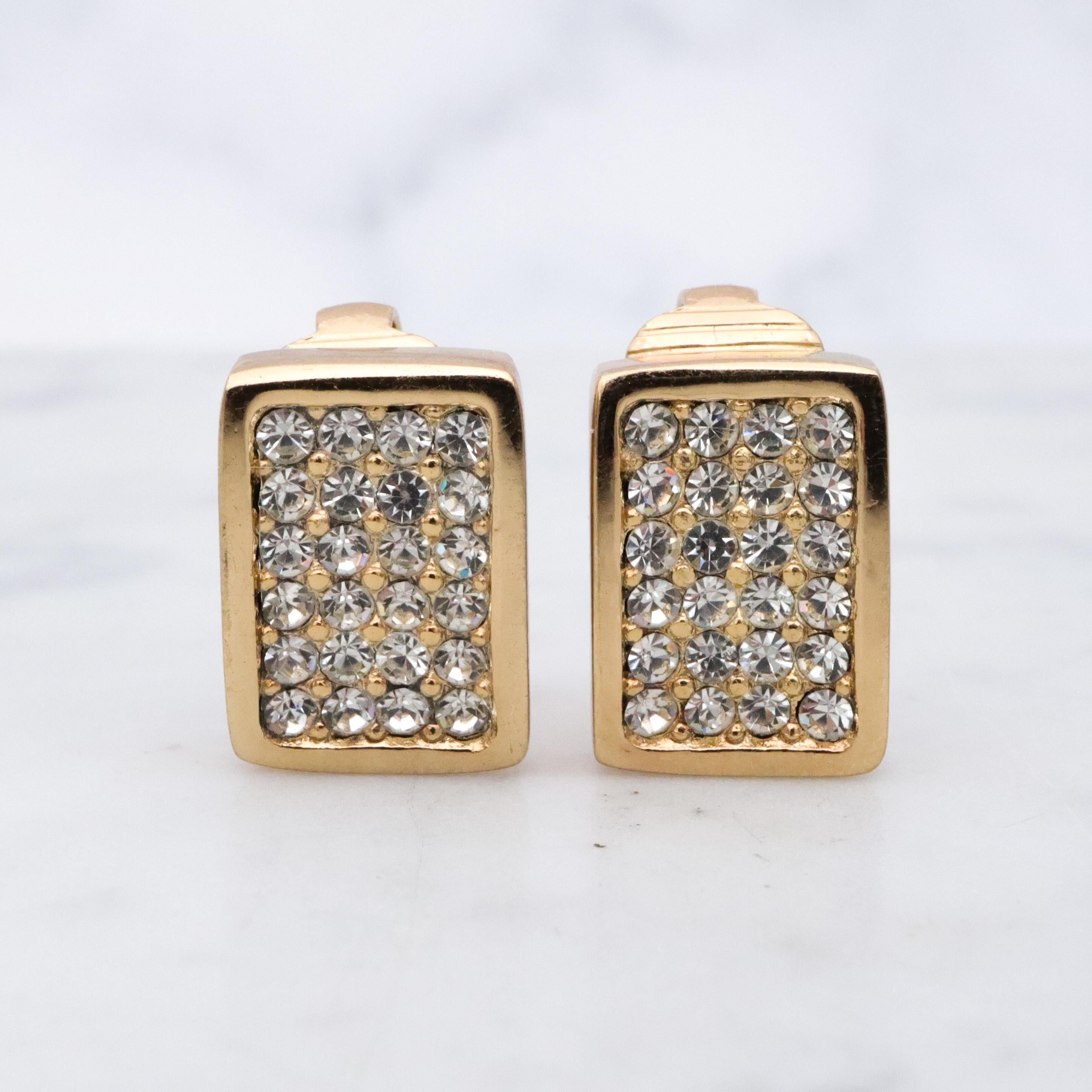 Retro Christian Dior gold plated pave rhinestone block clip earrings