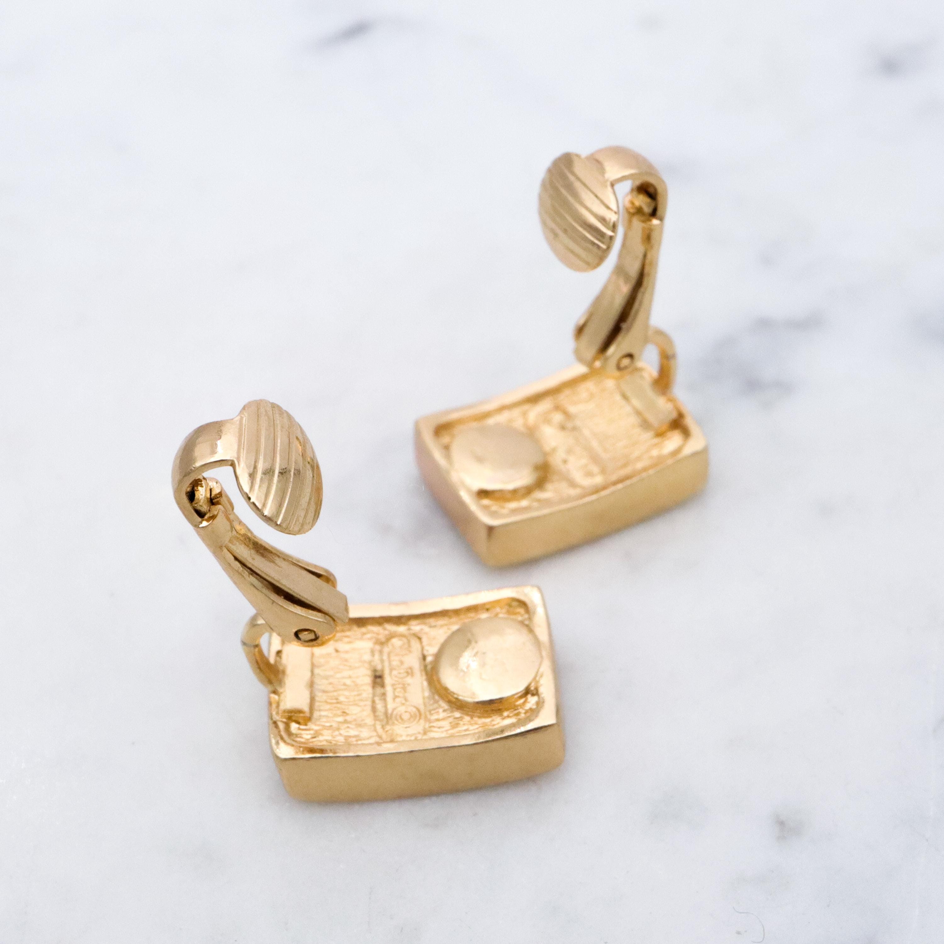 Retro Christian Dior gold plated pave rhinestone block clip earrings