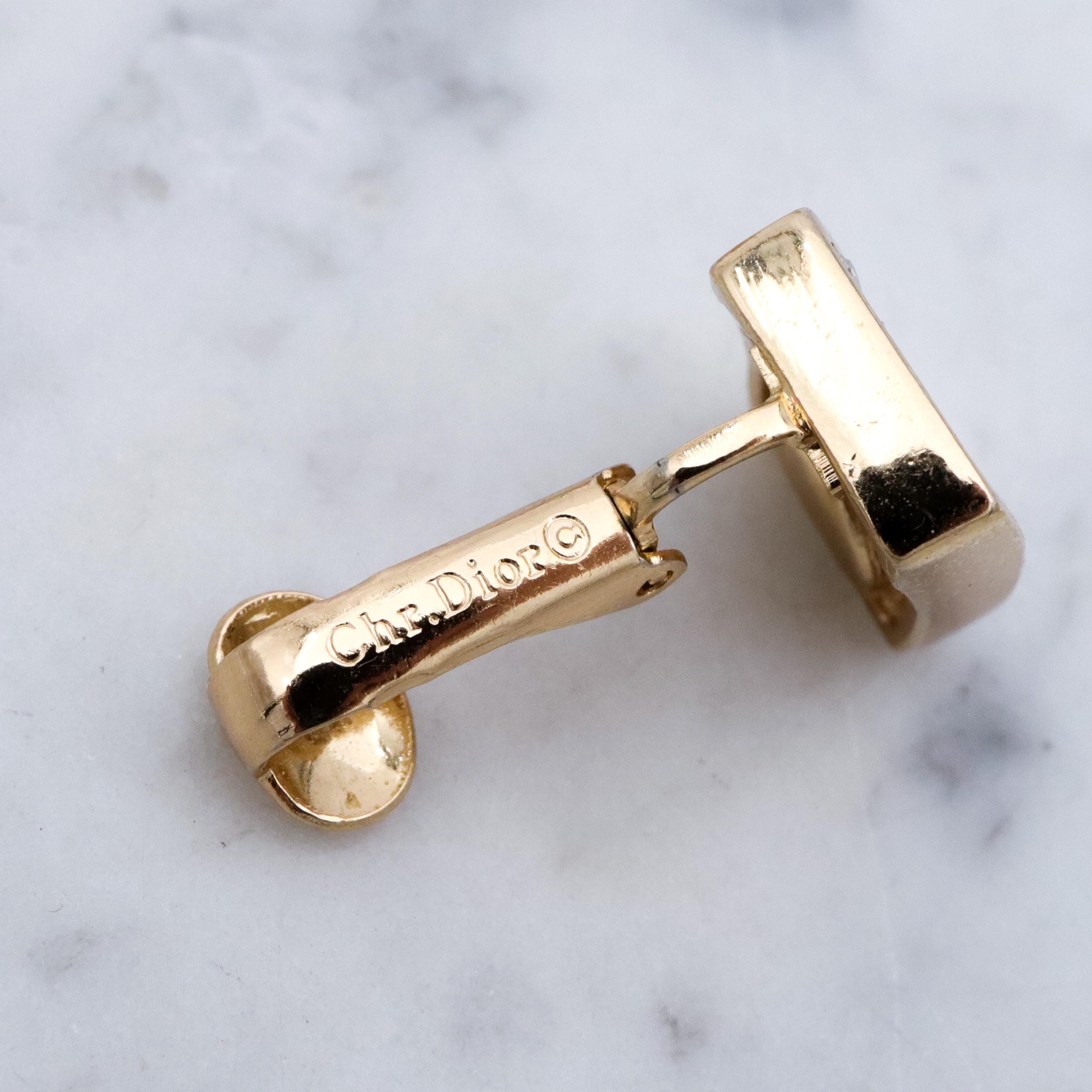 Retro Christian Dior gold plated pave rhinestone block clip earrings