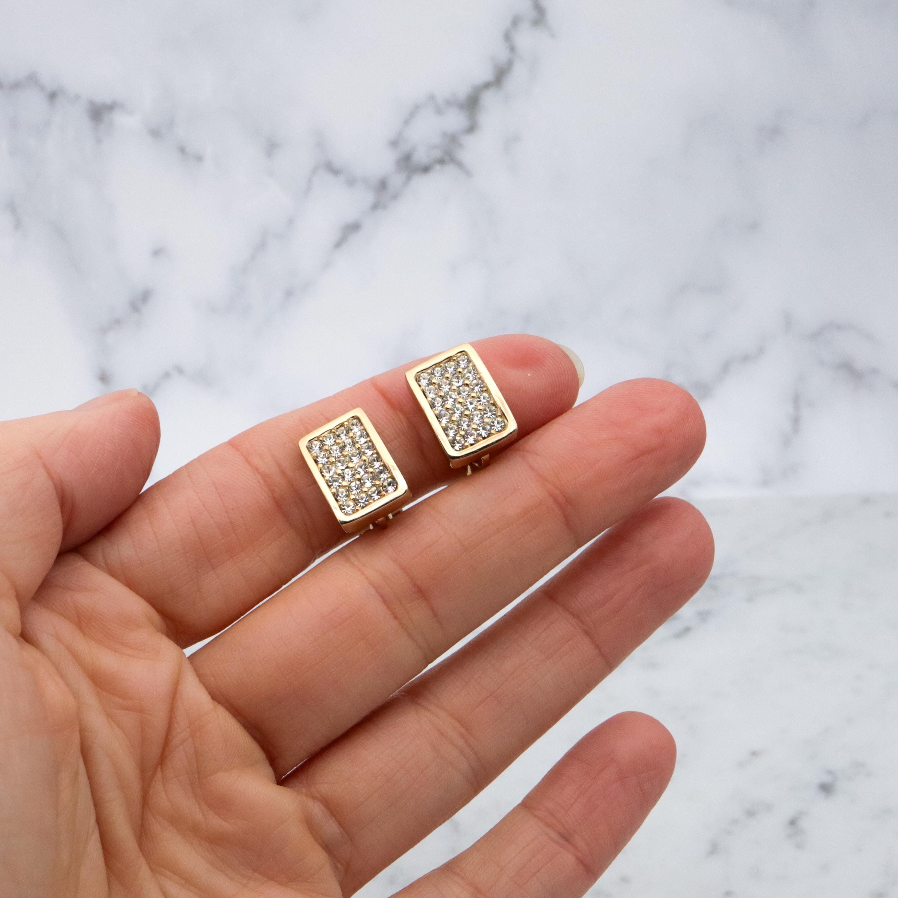 Retro Christian Dior gold plated pave rhinestone block clip earrings