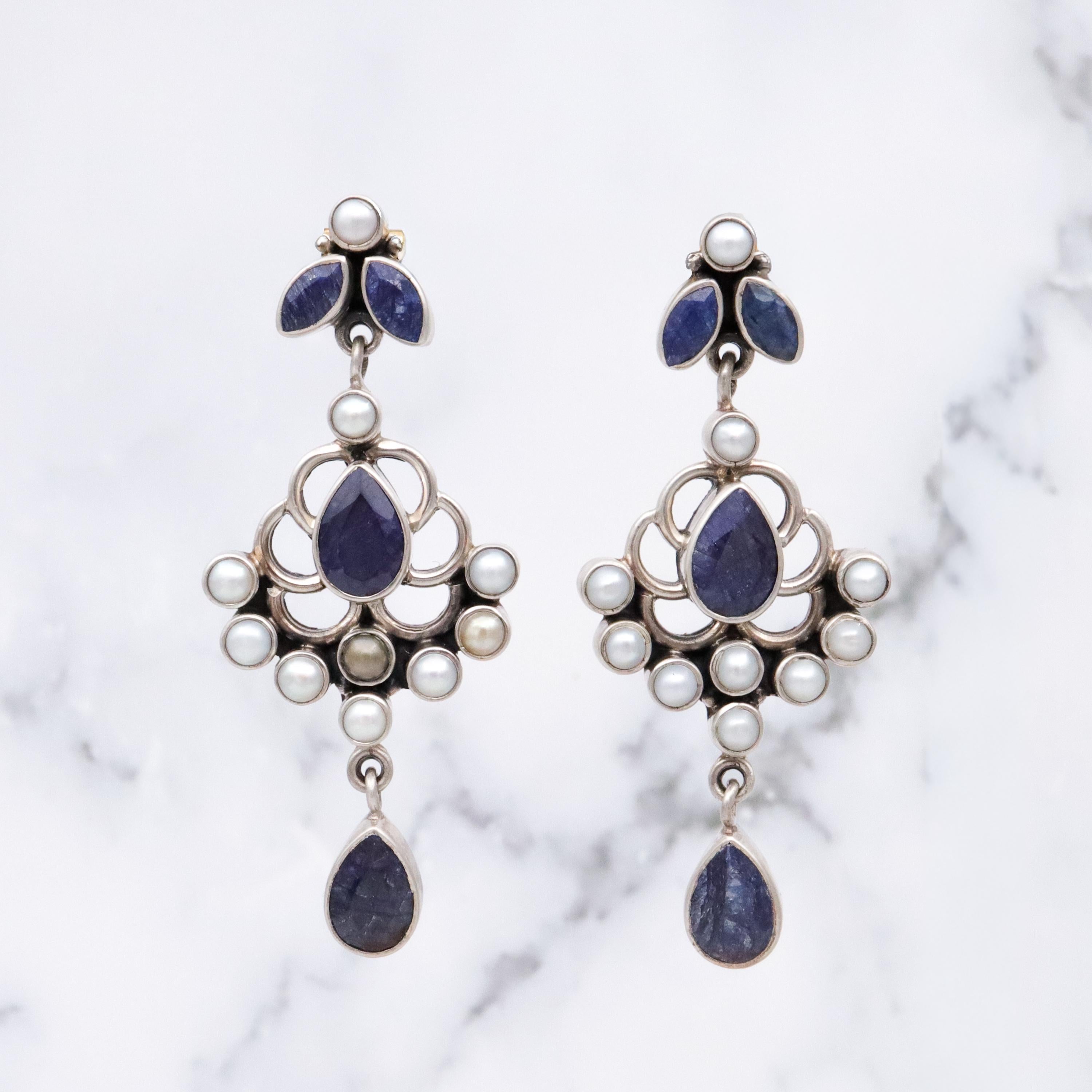 Vintage sterling raw sapphire & pearl drop chandelier earrings