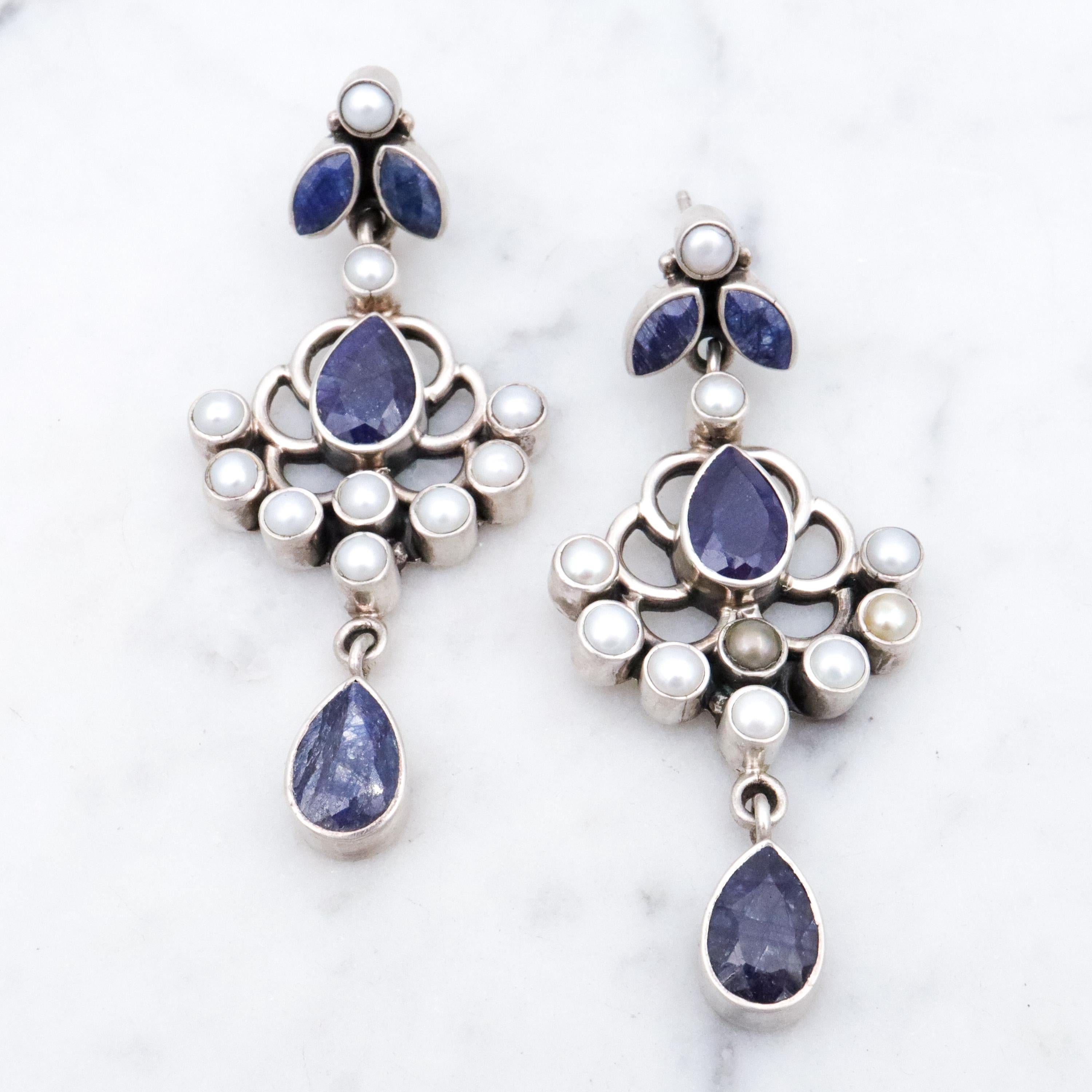 Vintage sterling raw sapphire & pearl drop chandelier earrings