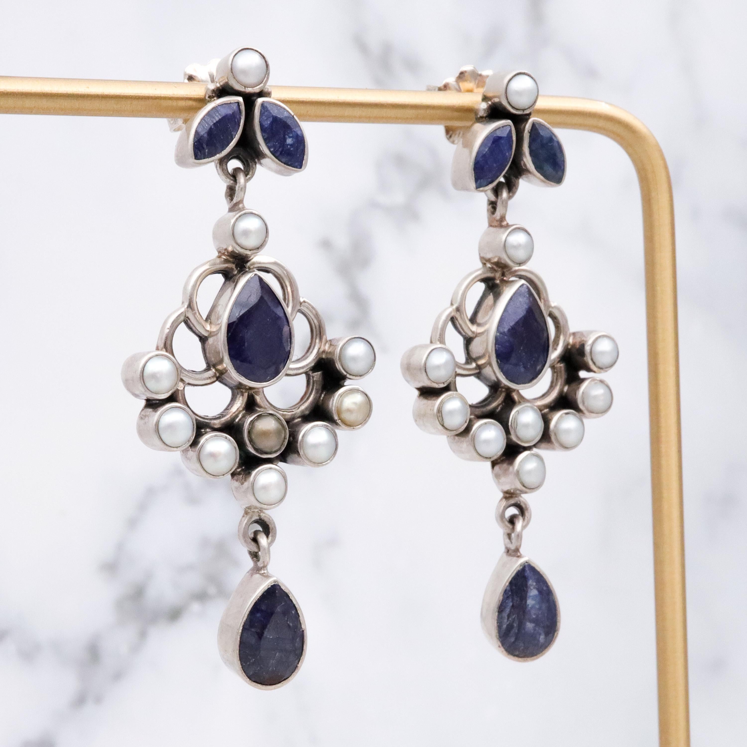 Vintage sterling raw sapphire & pearl drop chandelier earrings