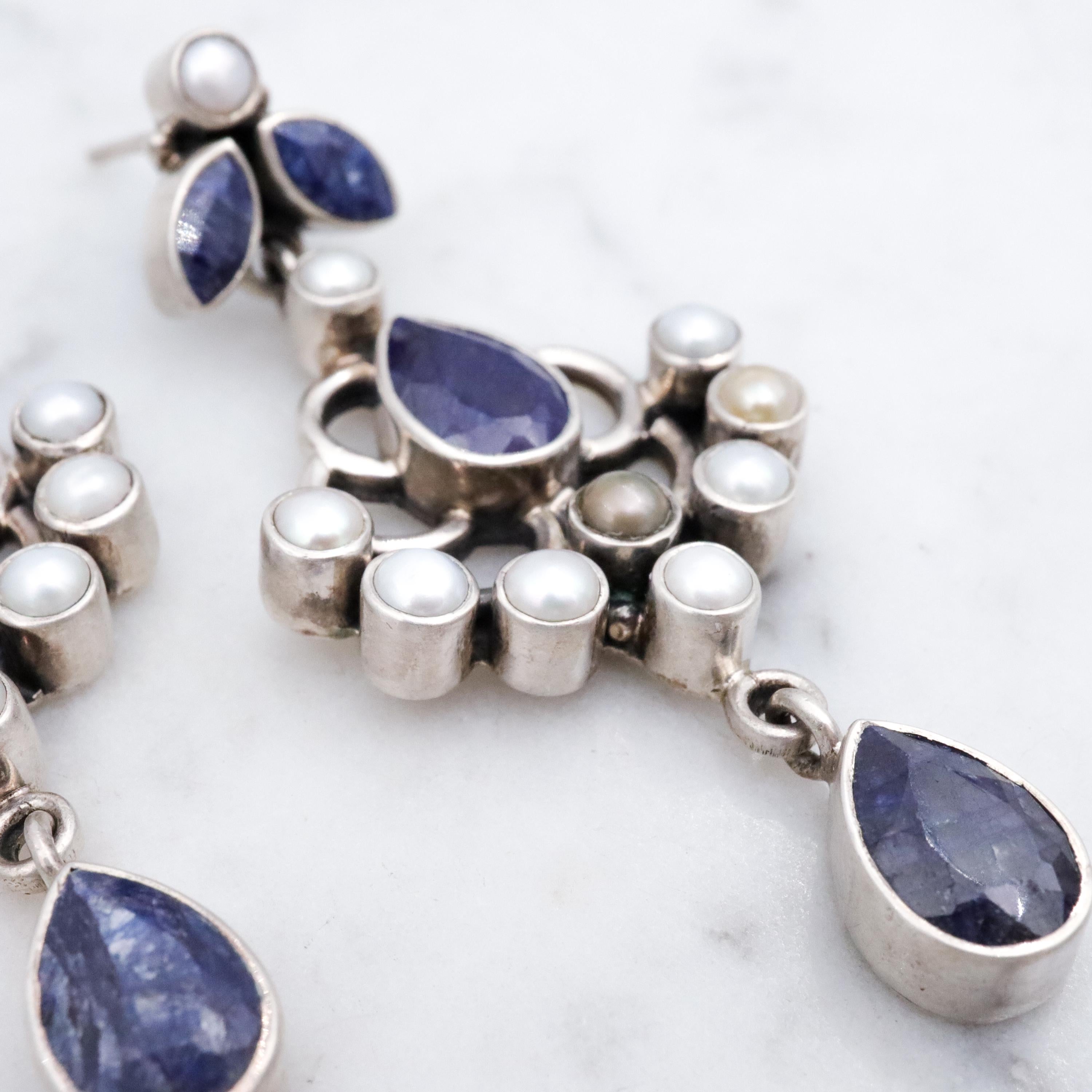 Vintage sterling raw sapphire & pearl drop chandelier earrings