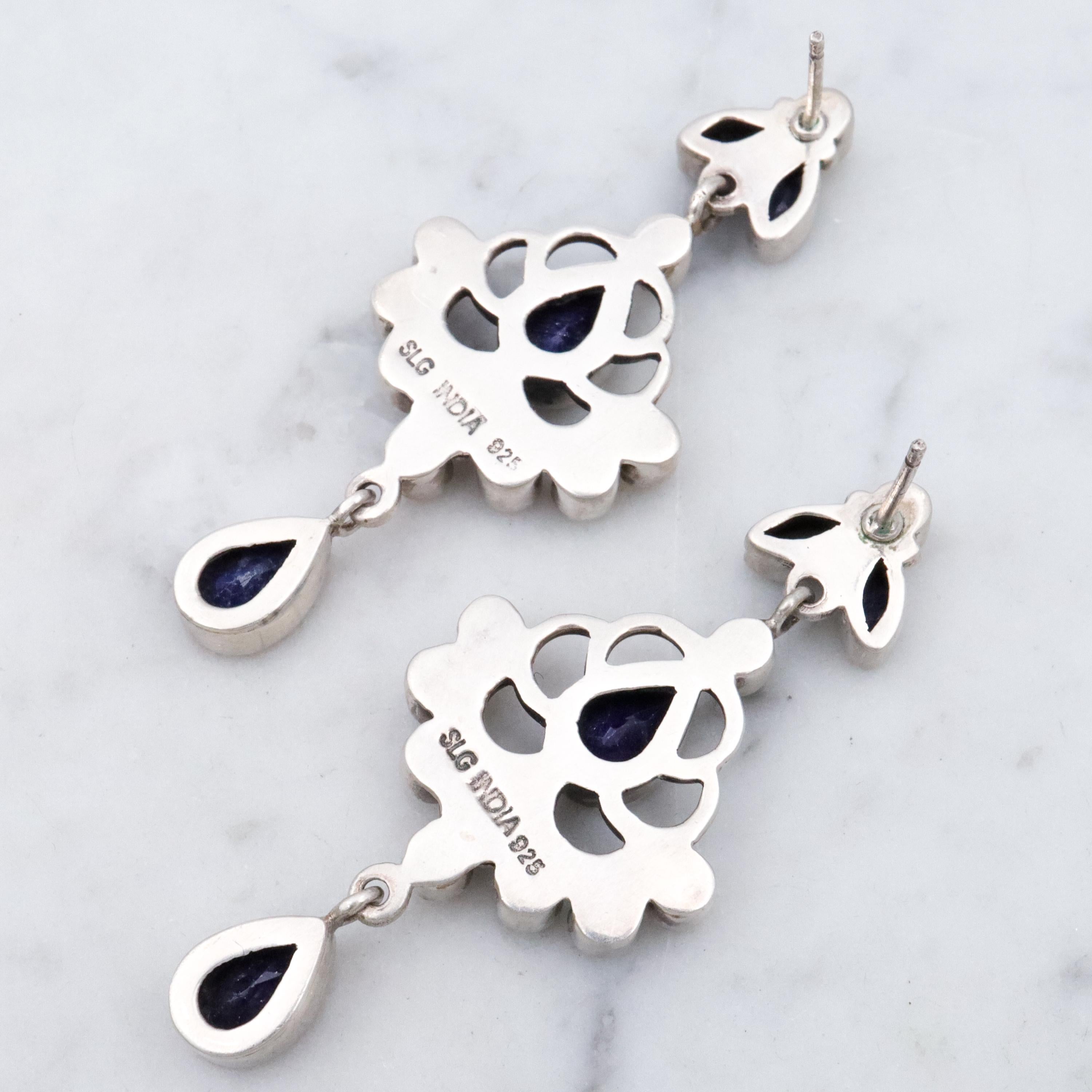 Vintage sterling raw sapphire & pearl drop chandelier earrings