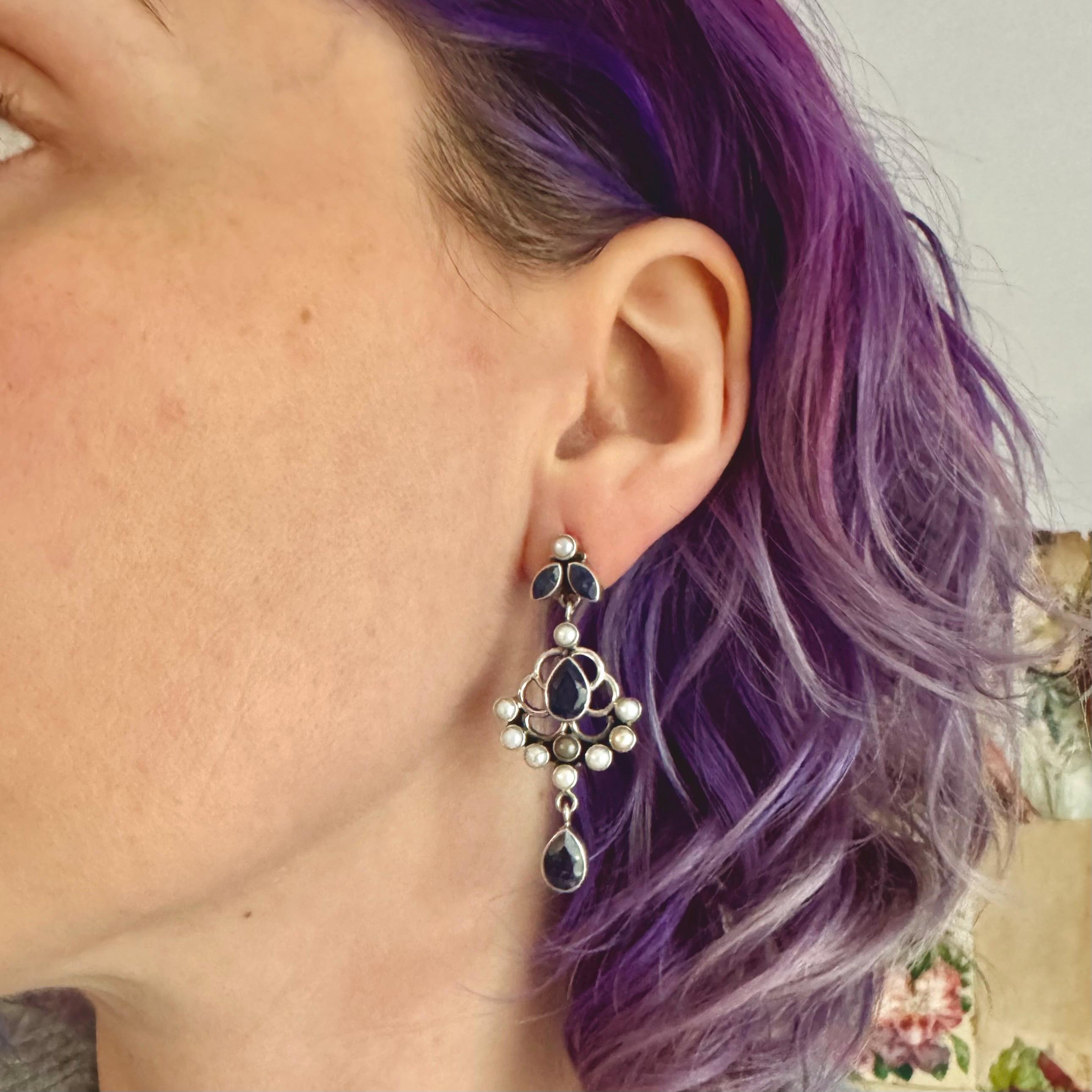 Vintage sterling raw sapphire & pearl drop chandelier earrings