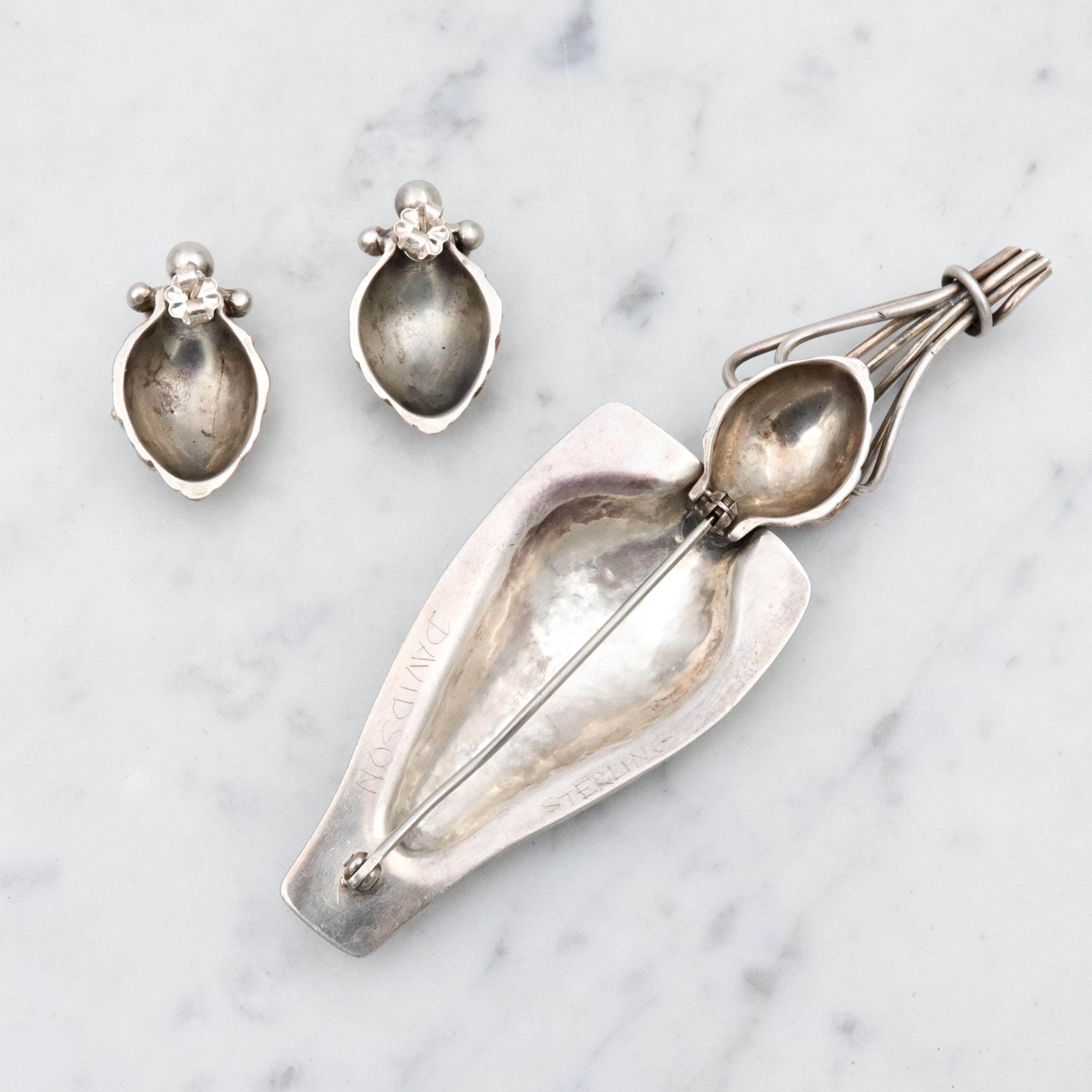 Modernist artist Davidson stylized pine cone earrings & matching vase brooch sterling set
