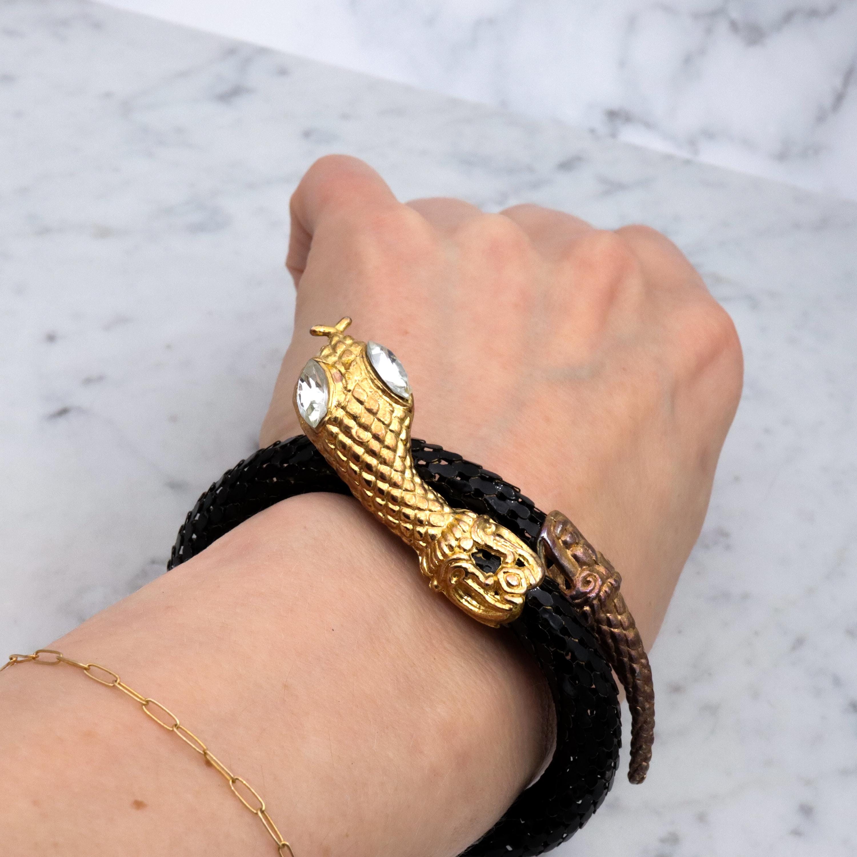 Mid Century black mesh snake wrap bracelet with diamond crystal eyes