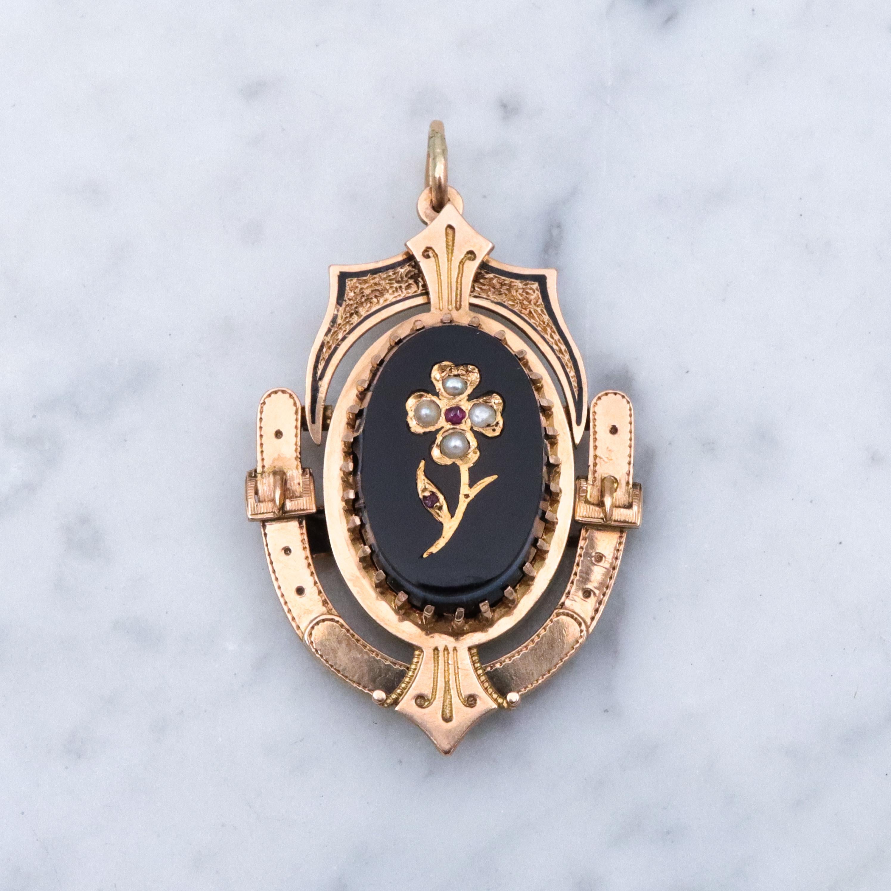 Victorian 14k gold & onyx pearl flower mourning pendant/brooch