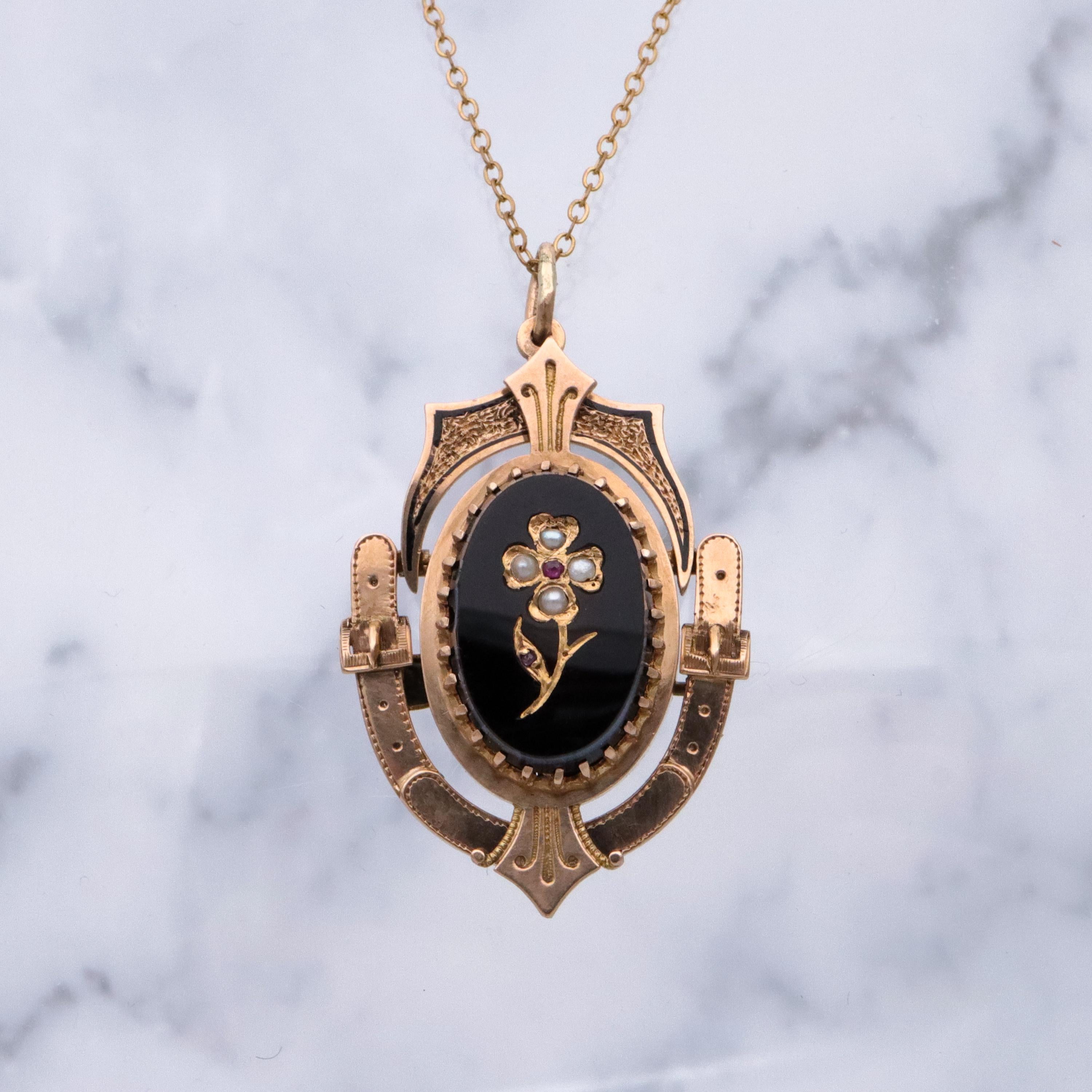 Victorian 14k gold & onyx pearl flower mourning pendant/brooch