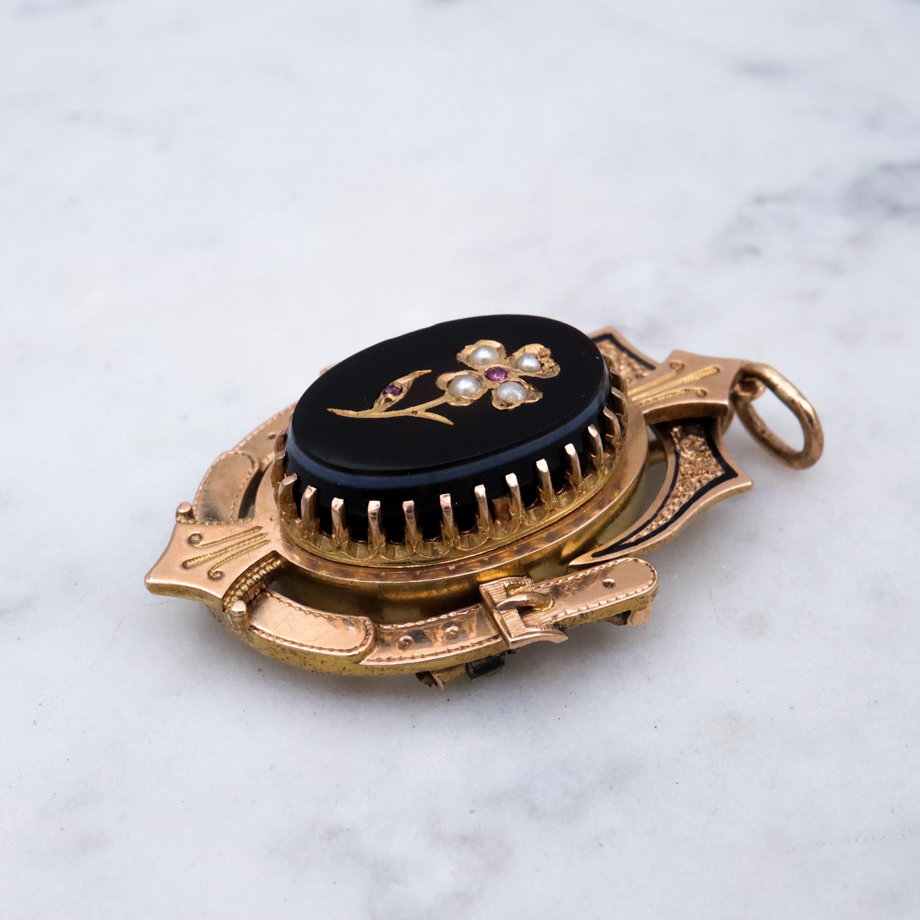 Victorian 14k gold & onyx pearl flower mourning pendant/brooch