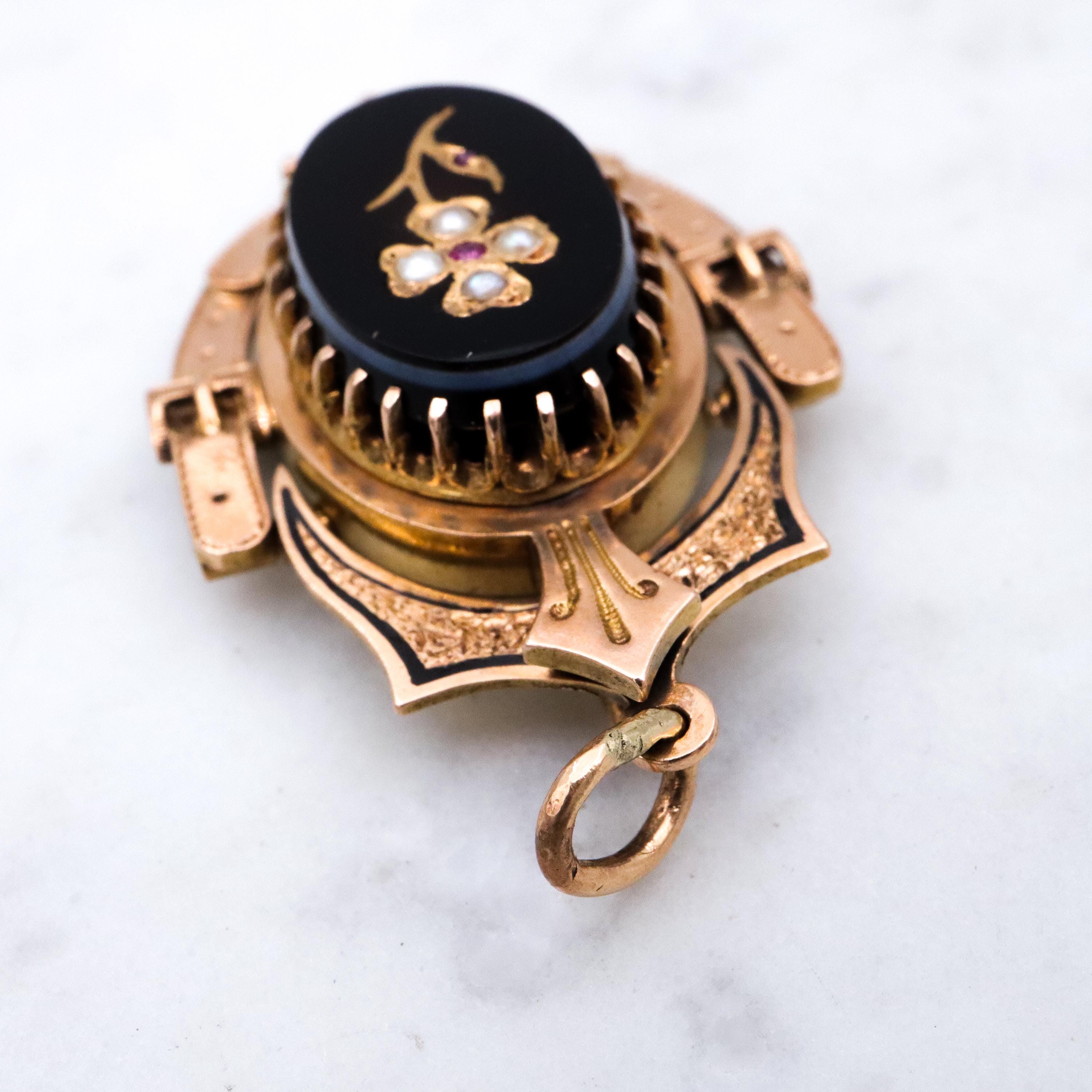 Victorian 14k gold & onyx pearl flower mourning pendant/brooch
