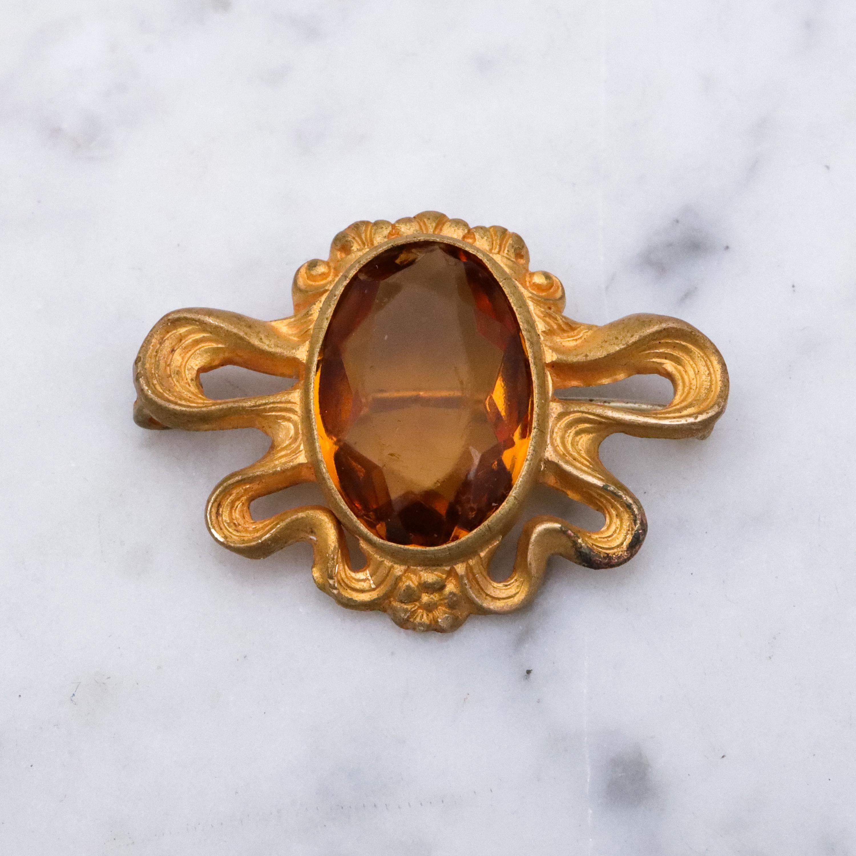 Antique Art Nouveau gilt metal citrine glass sash brooch