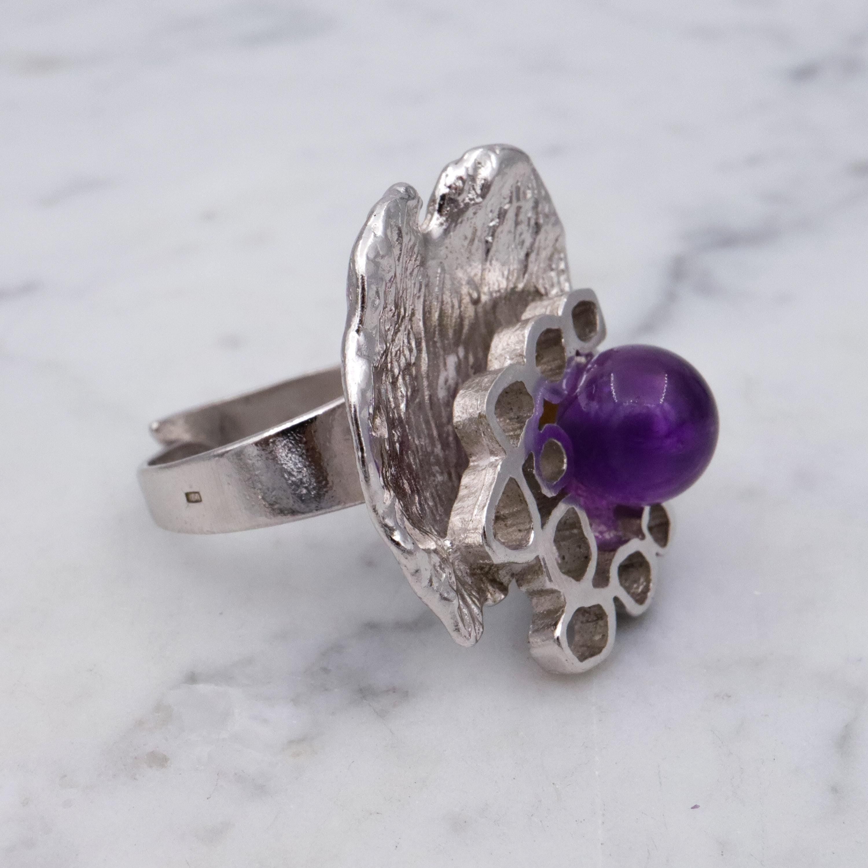Dutch Mid Century Modernist 835 silver & amethyst bead Brutalist ring, sz 9 adj.