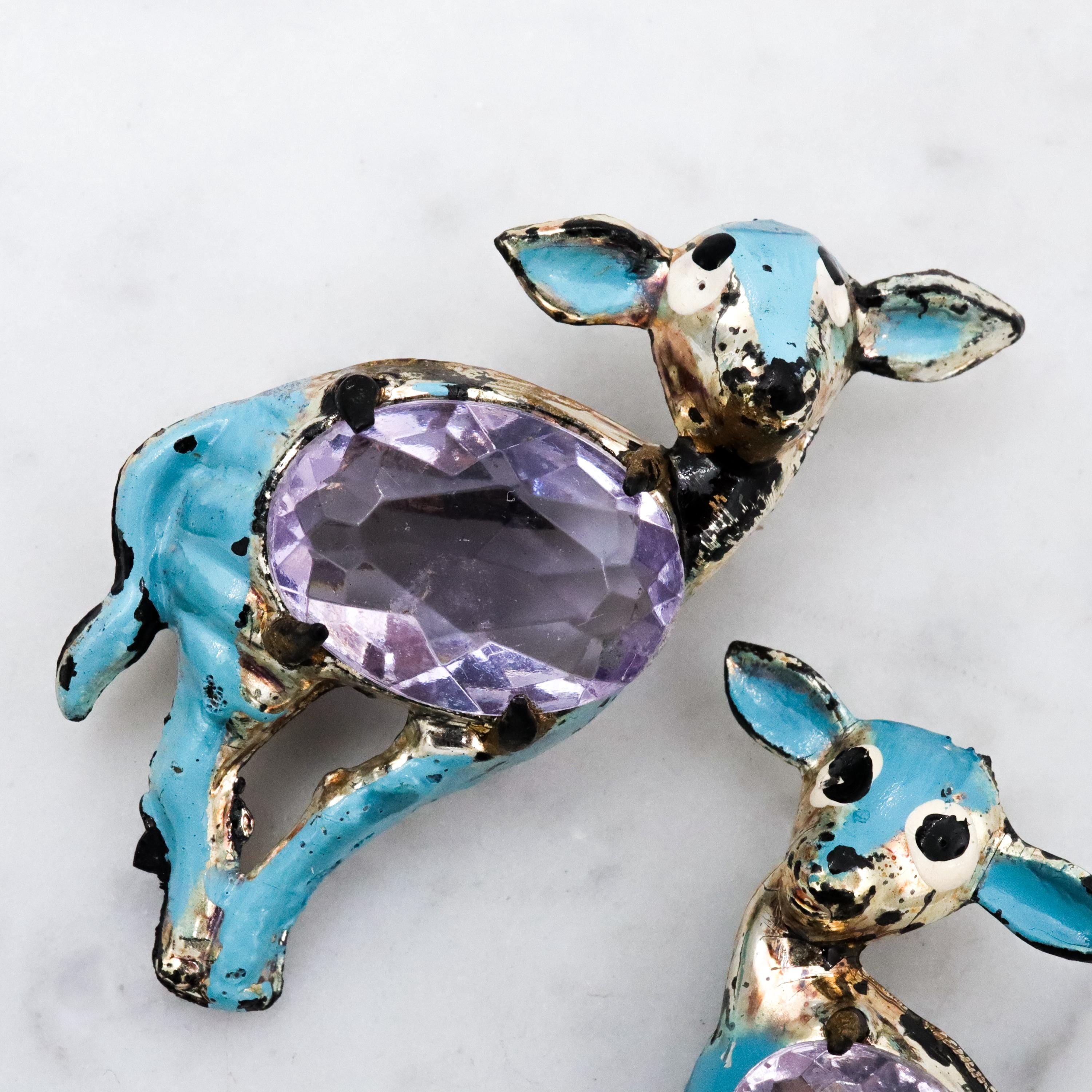 40s turquoise enamel deer pair jelly belly brooches