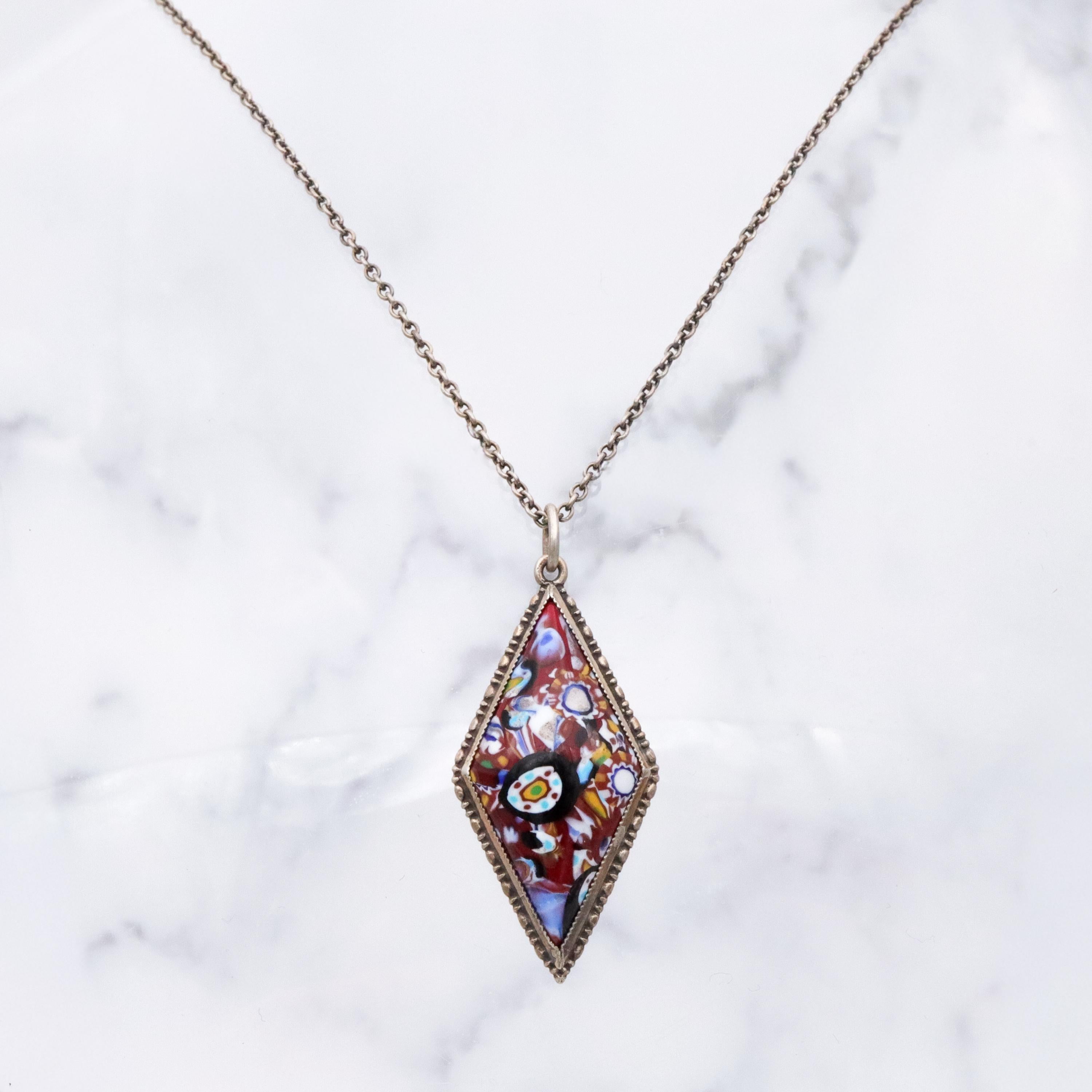 Art Deco English sterling millefiori diamond shaped pendant necklace