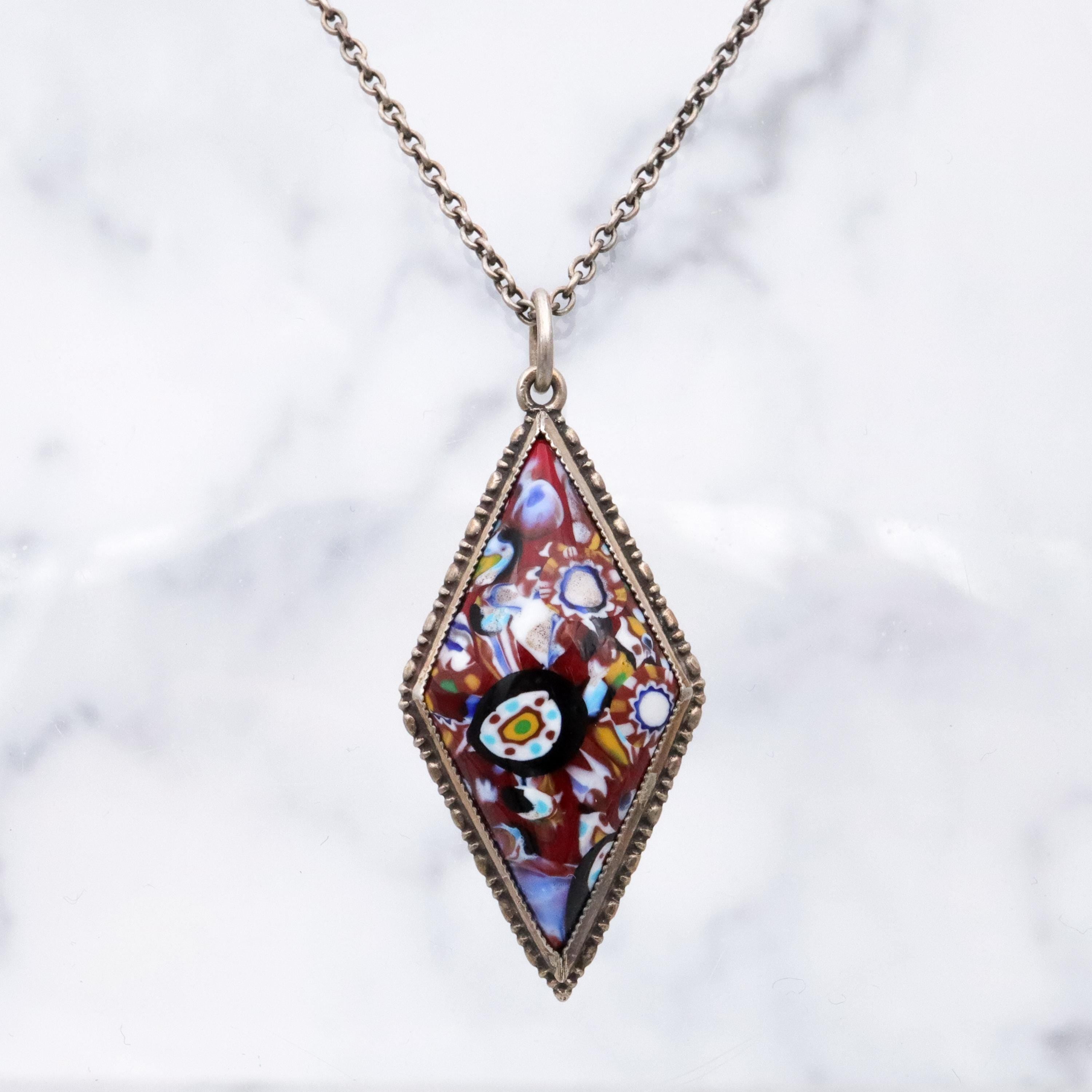 Art Deco English sterling millefiori diamond shaped pendant necklace