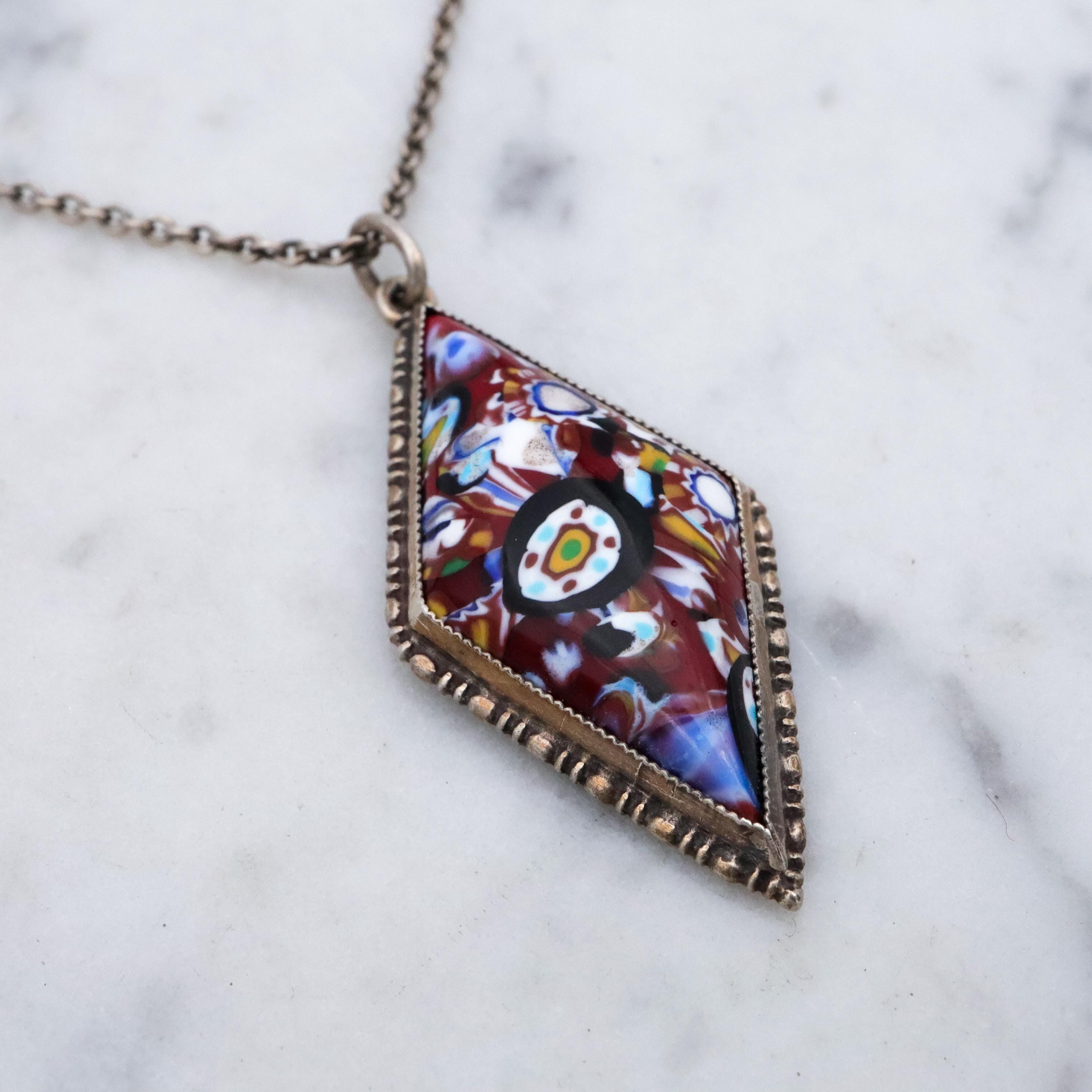 Art Deco English sterling millefiori diamond shaped pendant necklace