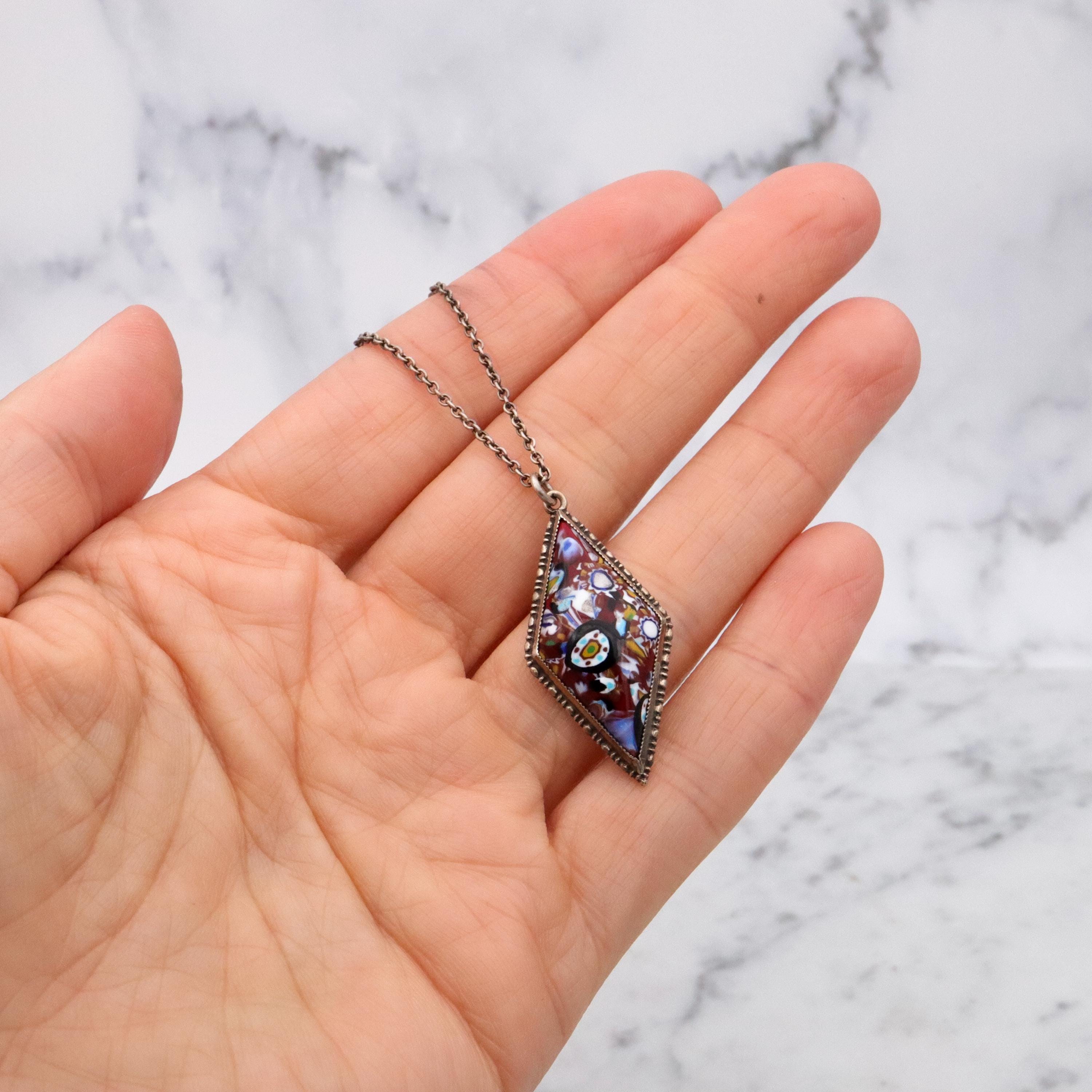 Art Deco English sterling millefiori diamond shaped pendant necklace